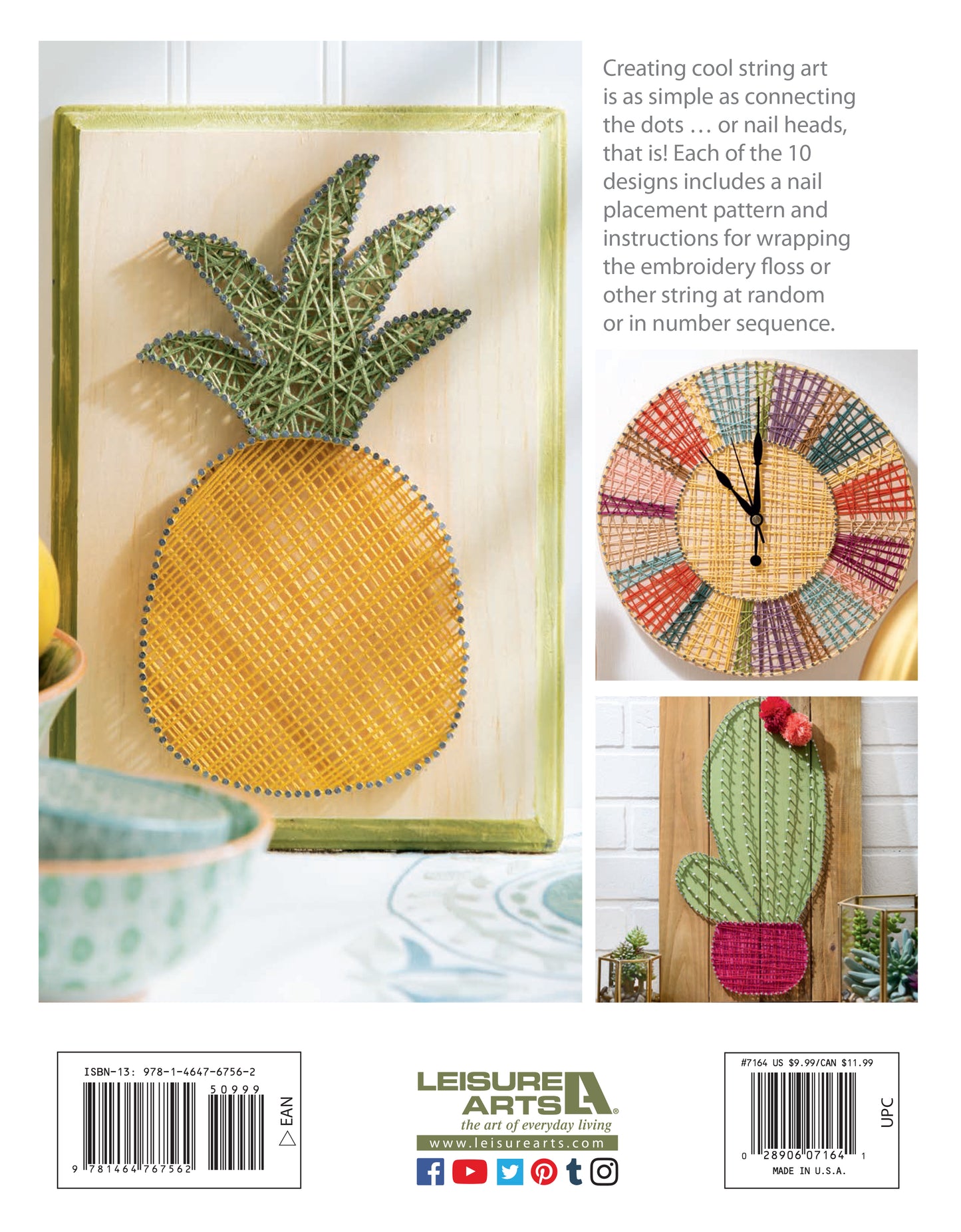 Back cover of "Cool String Art" by Leisure Arts features creative projects: a green and yellow pineapple, a colorful circle, and a heart. Includes DIY panels, tips for nail placement, descriptive text, and publisher information.