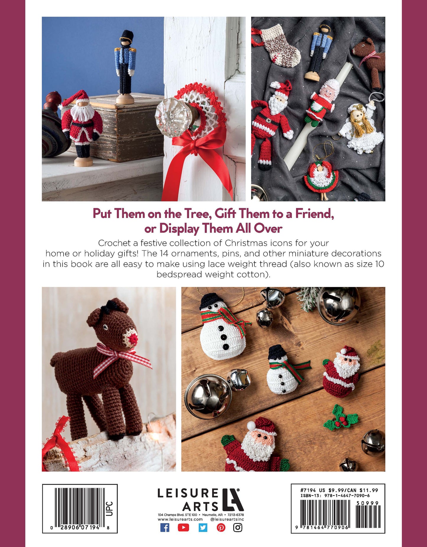 The back cover of Leisure Arts’ “Crochet Thread Christmas Ornaments Digital Download” showcases easy mini decorations—Santa, snowmen, reindeer, angel, and elf—festively crocheted and arranged among holiday greenery.