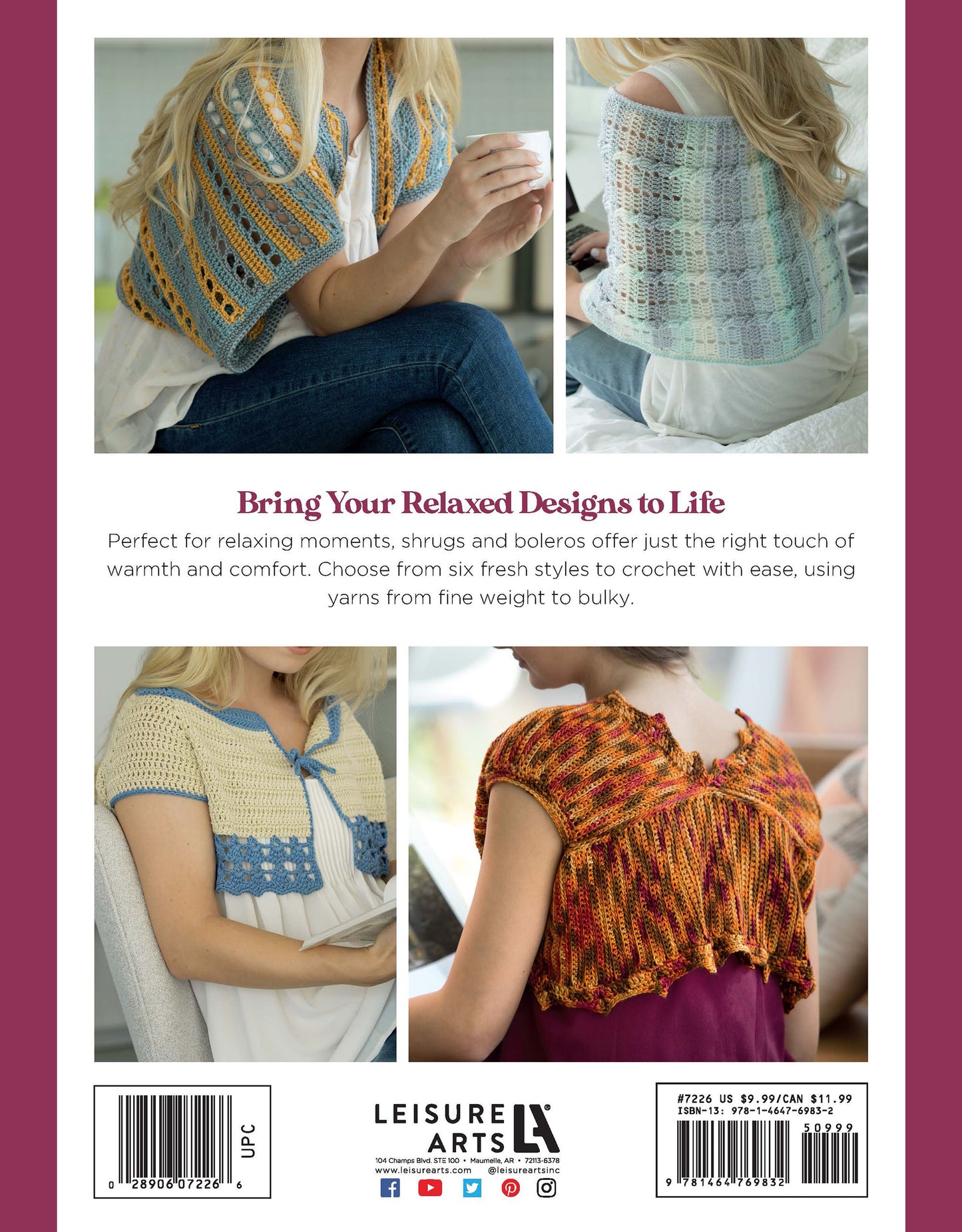 Four images showcase women modeling Leisure Arts’ Crochet Shrugs & Boleros in colorful designs with varied patterns and textures, highlighting the detail and fit of each beginner-friendly piece from multiple angles.