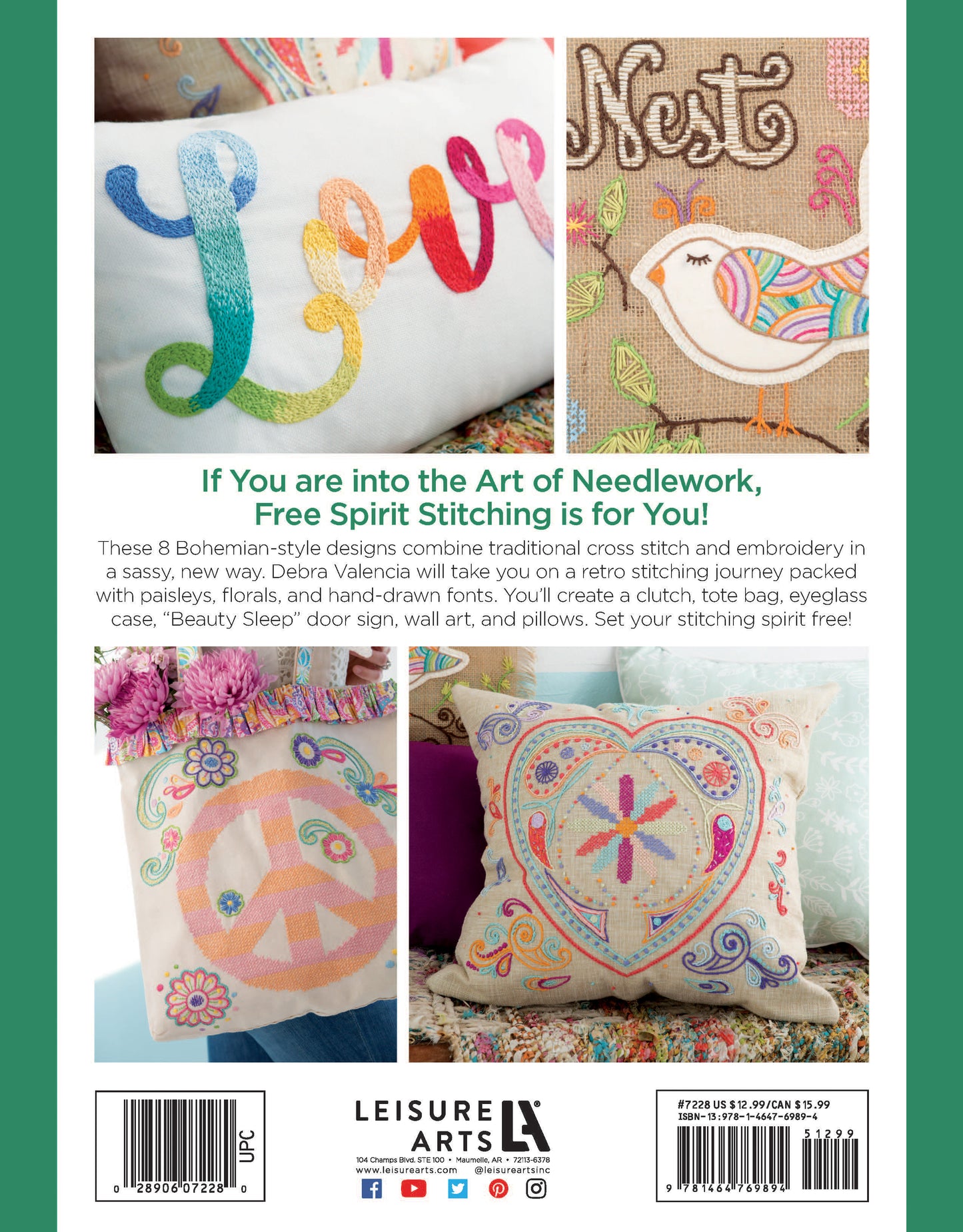 A collage of four decorative pillows from Leisure Arts’ Free Spirit Stitching collection showcases vibrant, hand-stitched embroidery—including flowers, hearts, and uplifting phrases—that captures the whimsical spirit of retro Bohemian style, while inviting readers to discover modern cross stitch patterns and distinctive needlework projects.