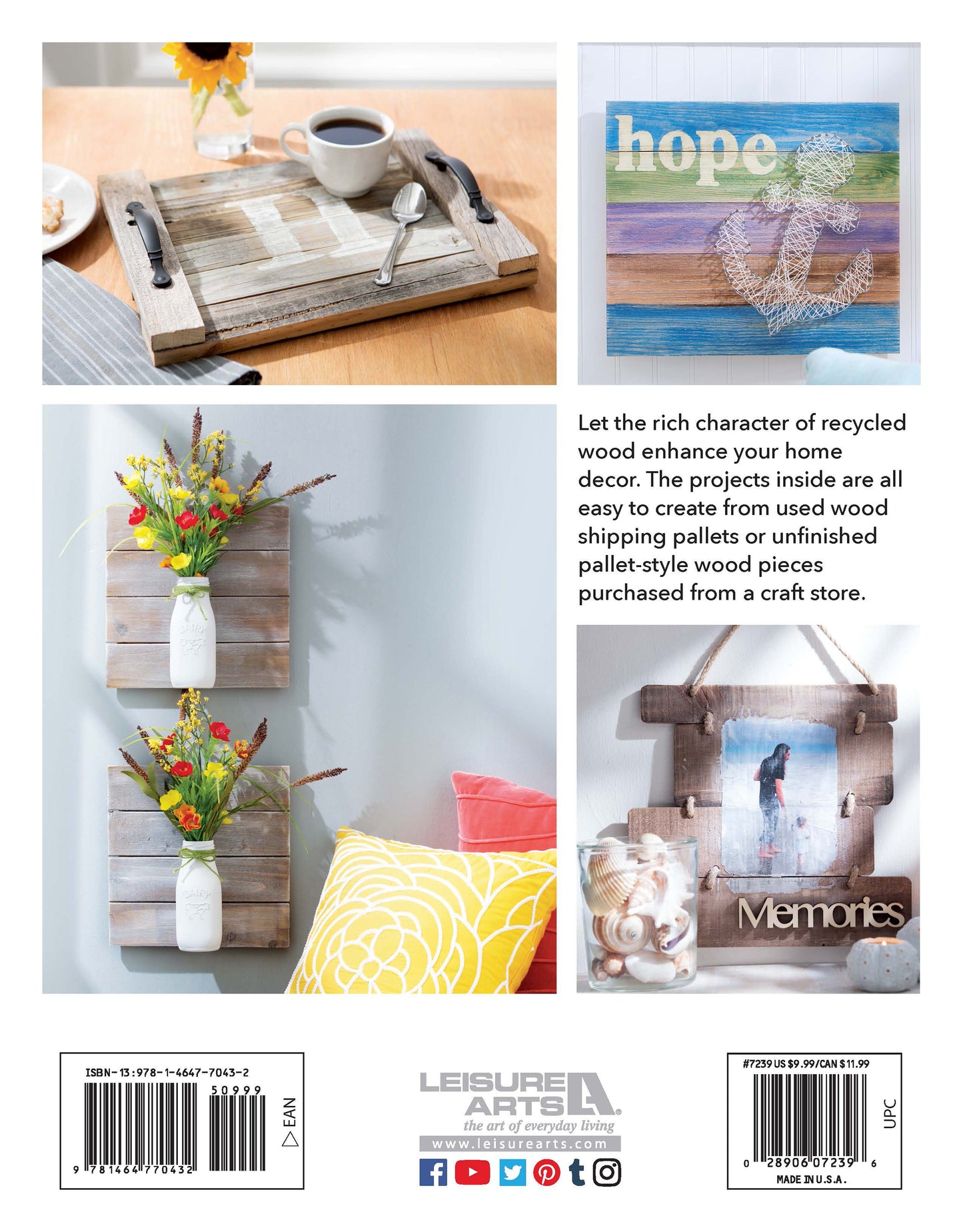 Leisure Arts' Do-It-Yourself Pallet Projects features a rustic tray, hope sign, wall vases with flowers, and a Memories photo frame—all crafted from recycled wood pallets and displayed above a sofa with colorful cushions.