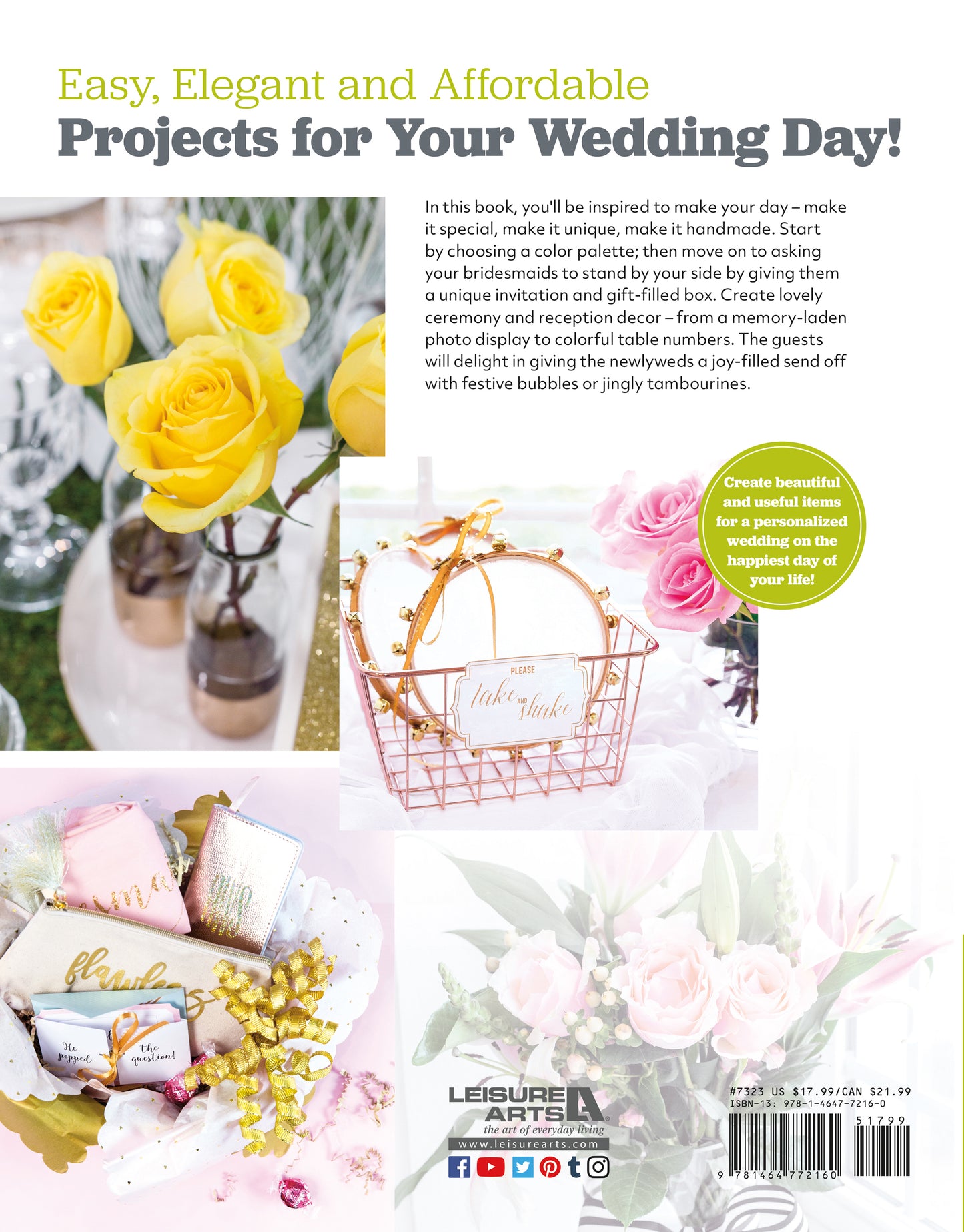 Back cover of Leisure Arts’ "Handmade Wedding" book, showing yellow roses, a rose gold wire basket with tambourines, bridesmaid gift pouches, and pink flowers. Text: Easy, Elegant & Affordable Handmade Wedding Crafts for Your Wedding Day!.