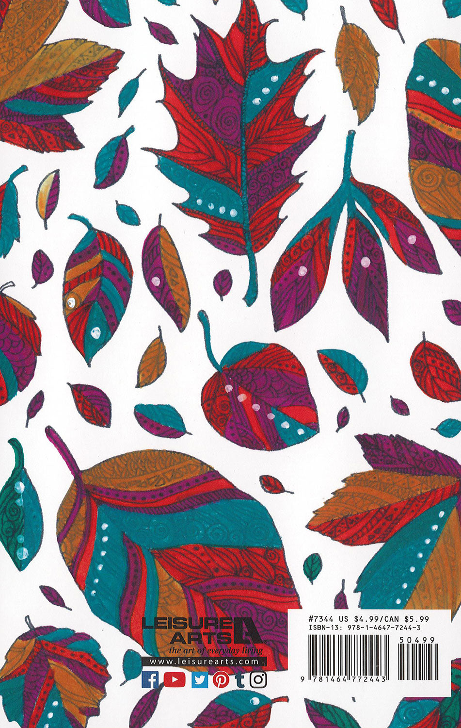 Back cover of the Leisure Arts Gather Together Coloring Book featuring 32 leaf designs in red, teal, purple, and gold with intricate patterns on white. Includes barcode and social media icons. Perfect for coloring on the go!.