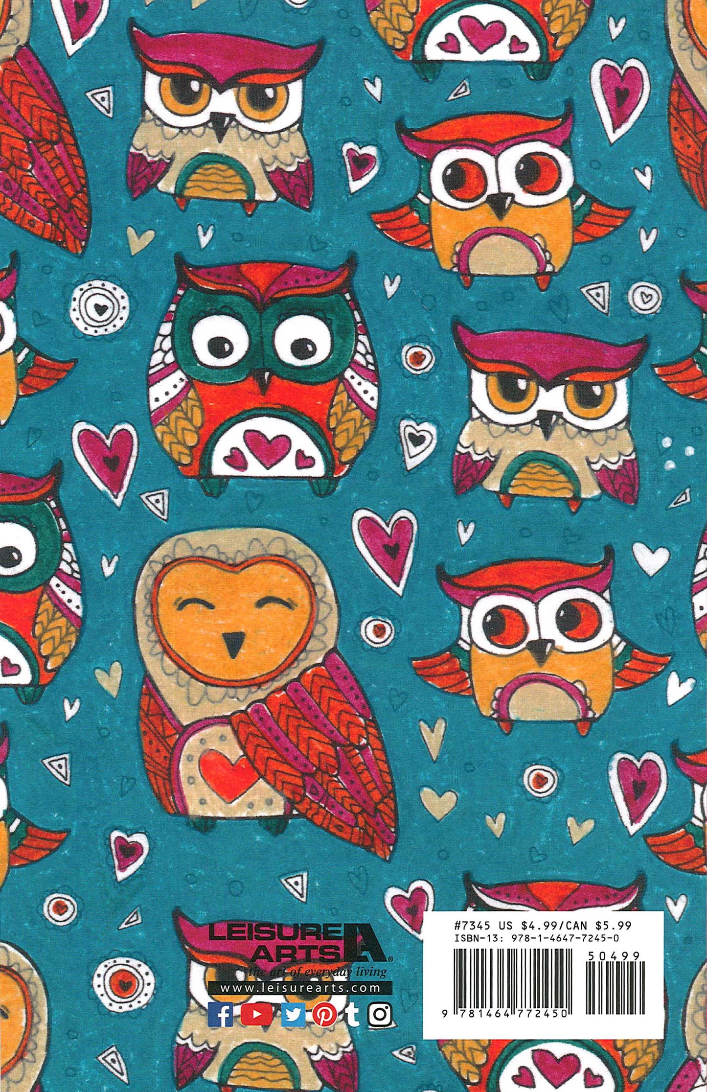Color on The Go—Grateful Heart by Leisure Arts features colorful cartoon owls and pink hearts on teal, with a barcode and publisher info at the bottom. This set includes 32 expressive designs with vibrant patterns.