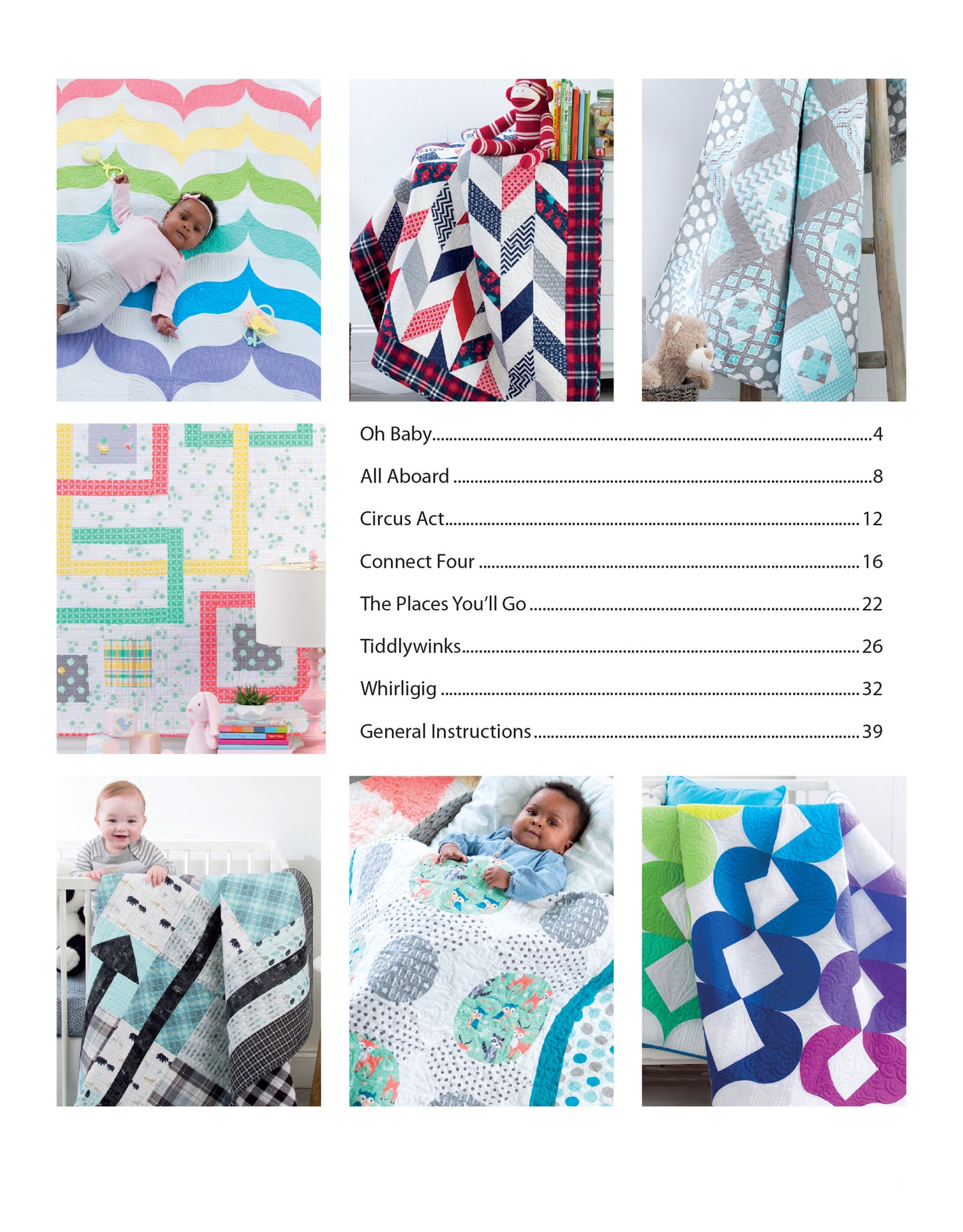 A collage of vibrant quilts from Leisure Arts' "Baby Quilts—7 Modern Designs to Make Great Gifts Plus Bonus Online Projects," shown on cribs and with babies, features patterns like Oh Baby, All Aboard, Circus Act, Connect Four, Whirligig, and more.