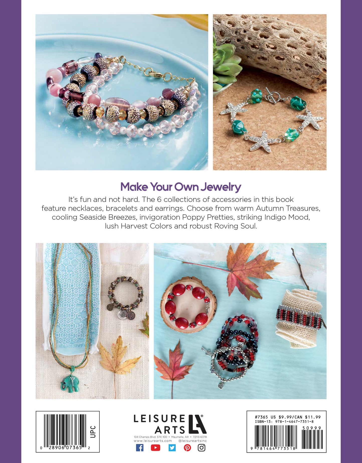 The back cover of Get Started in Jewelry Making Digital Download by Leisure Arts displays handmade bracelets, necklaces, and earrings—ideal for beginners or evening crafts—with a guide to creating beaded jewelry and the Leisure Arts logo below.