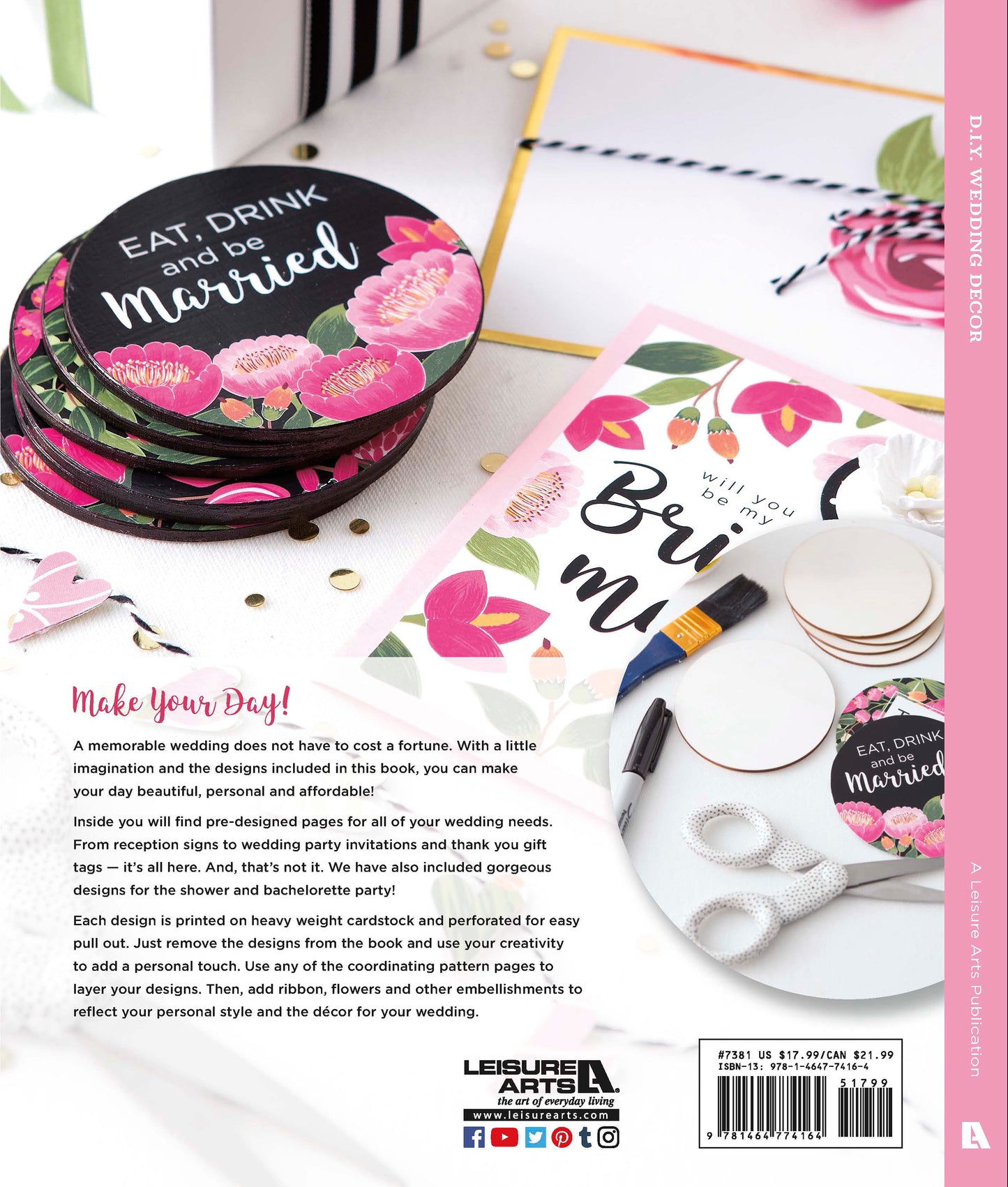 Leisure Arts DIY Wedding Decor includes a book, floral "Eat, Drink and be Married" sign, paintbrush, wooden discs, and bachelorette party cards—perfect crafting materials for your special day.