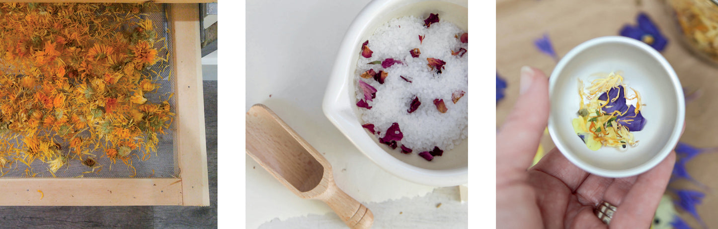 Three images: dried petals on a tray, white bath salts with pink petals and a scoop, and a hand holding colorful petals—perfect DIY inspiration from Leisure Arts’ Make & Give Home Apothecary.