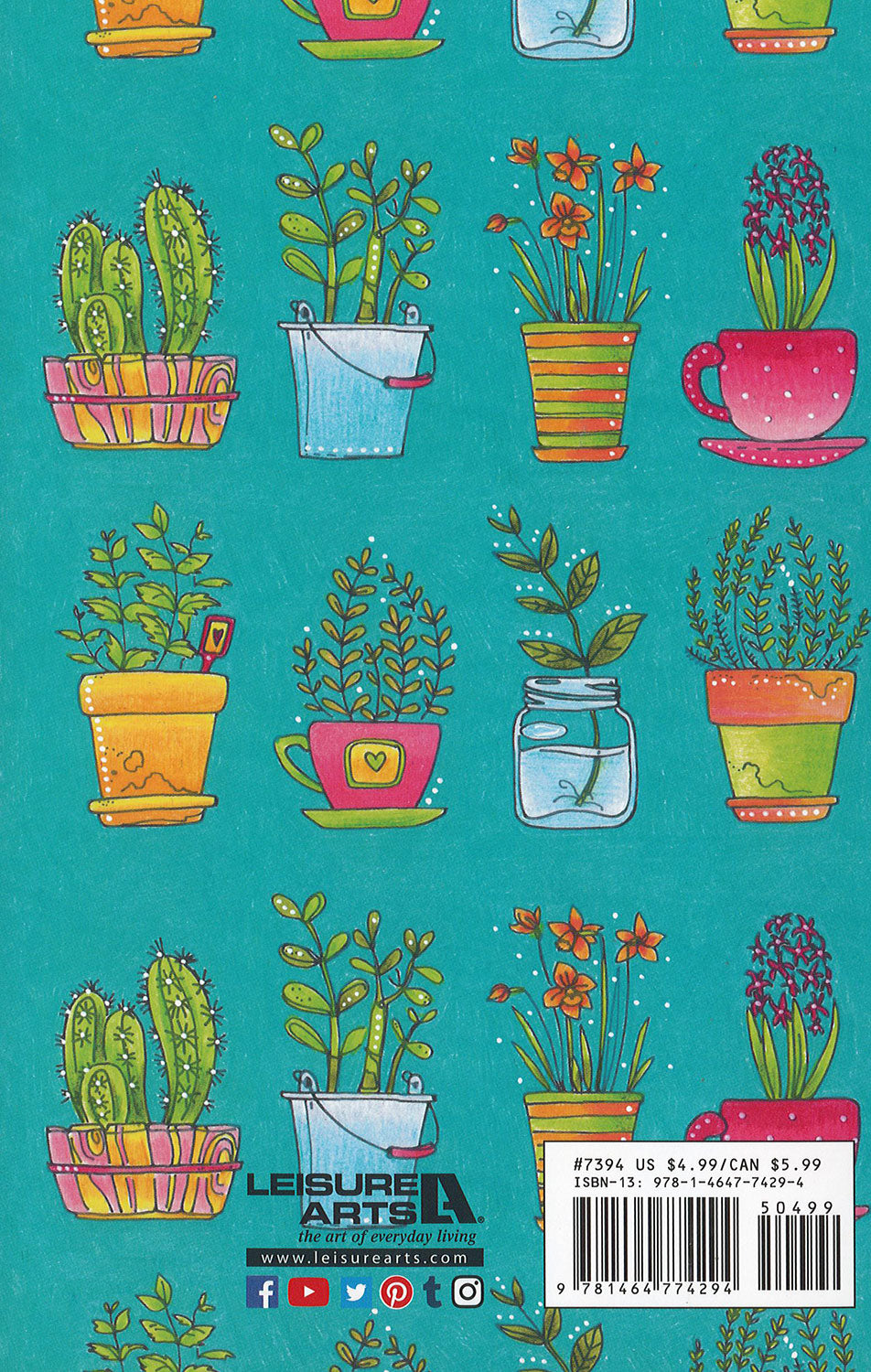 Color on the Go Love Grows Coloring Book by Leisure Arts features 32 designs of potted plants and flowers in cups, jars, and pots with barcodes and print ISBN at the bottom, all arranged on a teal background.