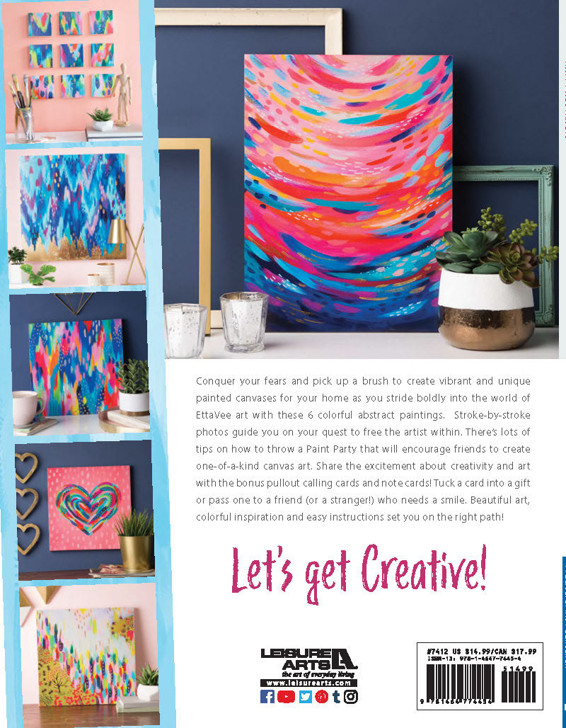 Back cover of Happy Abstracts—Fearless Painting for True Beginners by Leisure Arts, featuring three vibrant abstracts, a vase with brushes, and inspiring tips to spark creativity. Begin your guided painting journey and share your bright creations with others!.