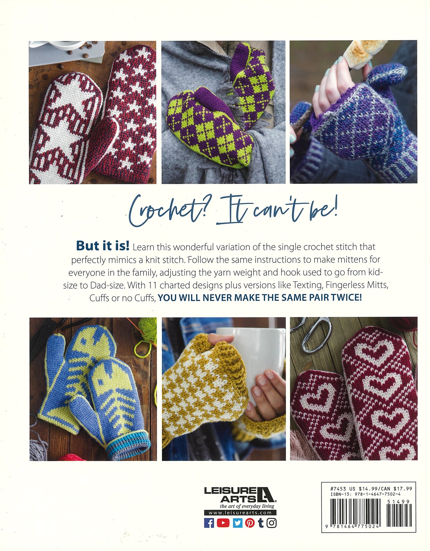 The back cover of Leisure Arts' "Fair Isle Mittens" shows red, gold, and blue crochet mittens on hands and a mug, with playful text highlighting unique mitten patterns made using the single crochet stitch.