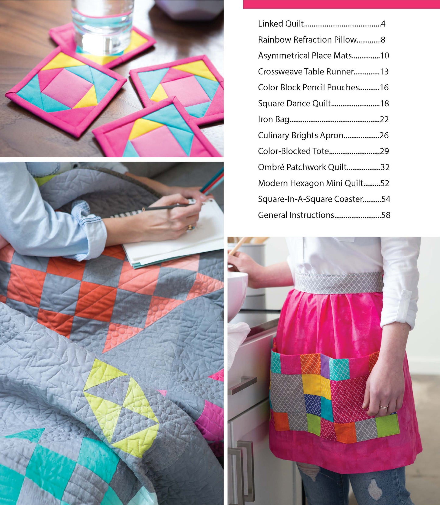 A collage features vibrant quilted items from Modern Patchwork by Leisure Arts: square coasters, a gray quilt with bold geometric designs, and a pink apron with patchwork pocket. A hand writes on the quilt; table of contents is shown on the right.