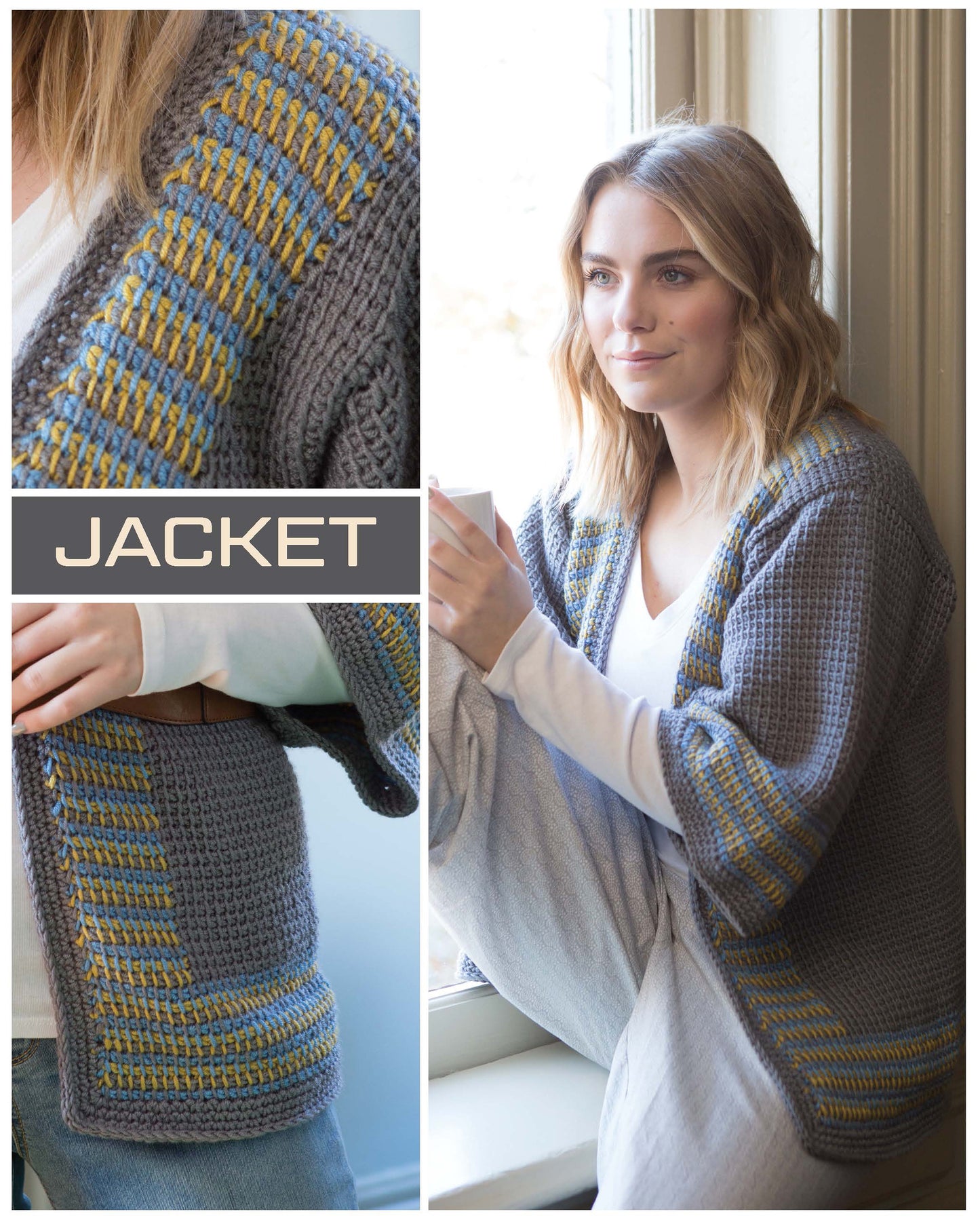 A woman sits by a window wearing a textured gray jacket with yellow and blue stripes, made from the Modern Tunisian Digital Download by Leisure Arts. "JACKET" is featured in bold, highlighting this beginner-friendly project.