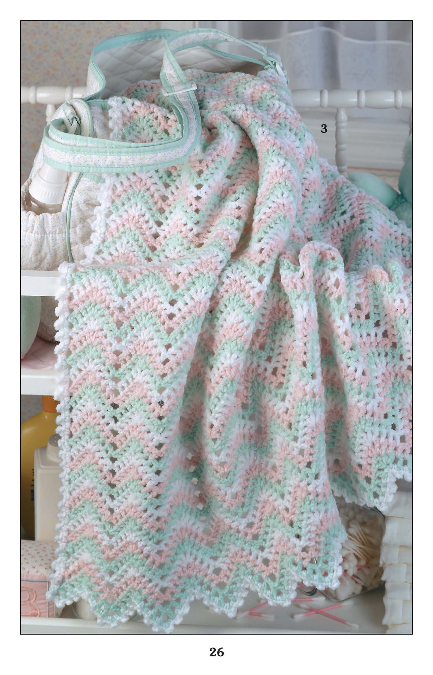 The Leisure Arts Ripples for Baby to Crochet features soft, pastel zigzag blankets in pink, green, and white—ideal inspiration for your next ripple afghan or baby crochet pattern project.