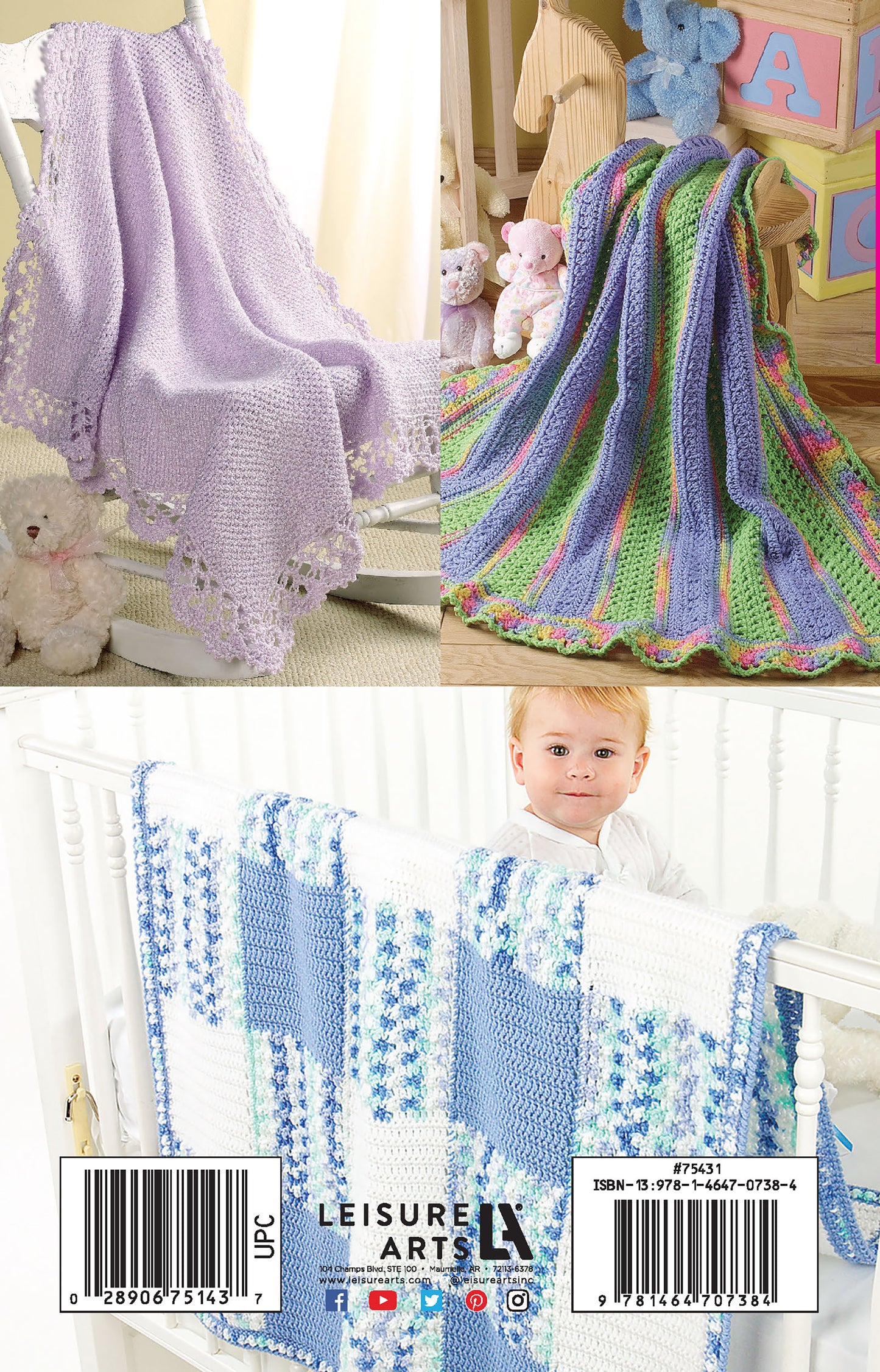 Three pastel crochet baby blankets: a lacy purple, a striped green-purple-blue Leisure Arts Baby-Fresh Blankets, and a blue-white checkered blanket held by a baby over a crib rail.