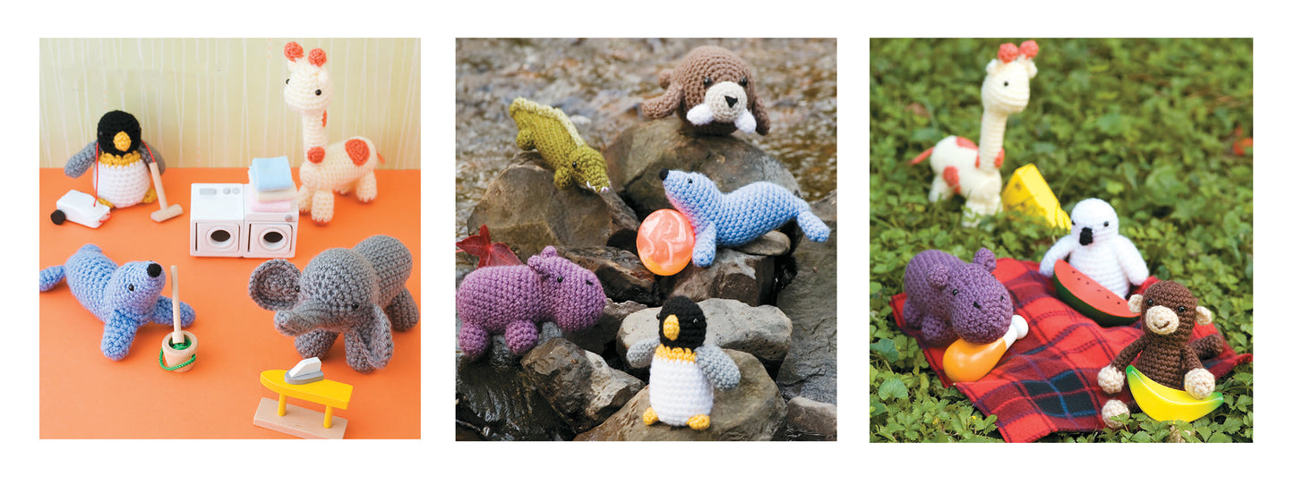 Three scenes featuring animals from Vanna's Easy Crochet Critters by Leisure Arts: playing indoor sports, exploring rocks by a pond, and having a picnic on grass with food and a blanket, all made with beginner crochet techniques.