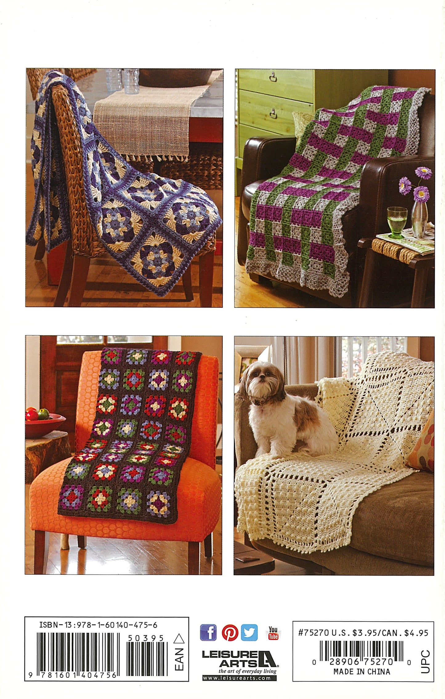 Four photos from Leisure Arts’ Absolutely Afghans Crochet: a purple and white granny square blanket, a green and purple throw, a multicolored afghan on orange, and a cream Caron Simply Soft afghan with a small dog.