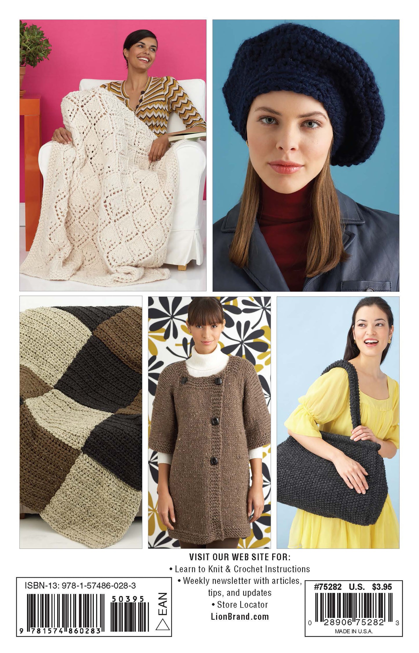 A collage highlights 4 knit and 2 crochet designs from Leisure Arts’ "Easy & Quick" digital download, made with Lion Brand Wool-Ease Thick & Quick—perfect for beginners exploring home and fashion patterns.
