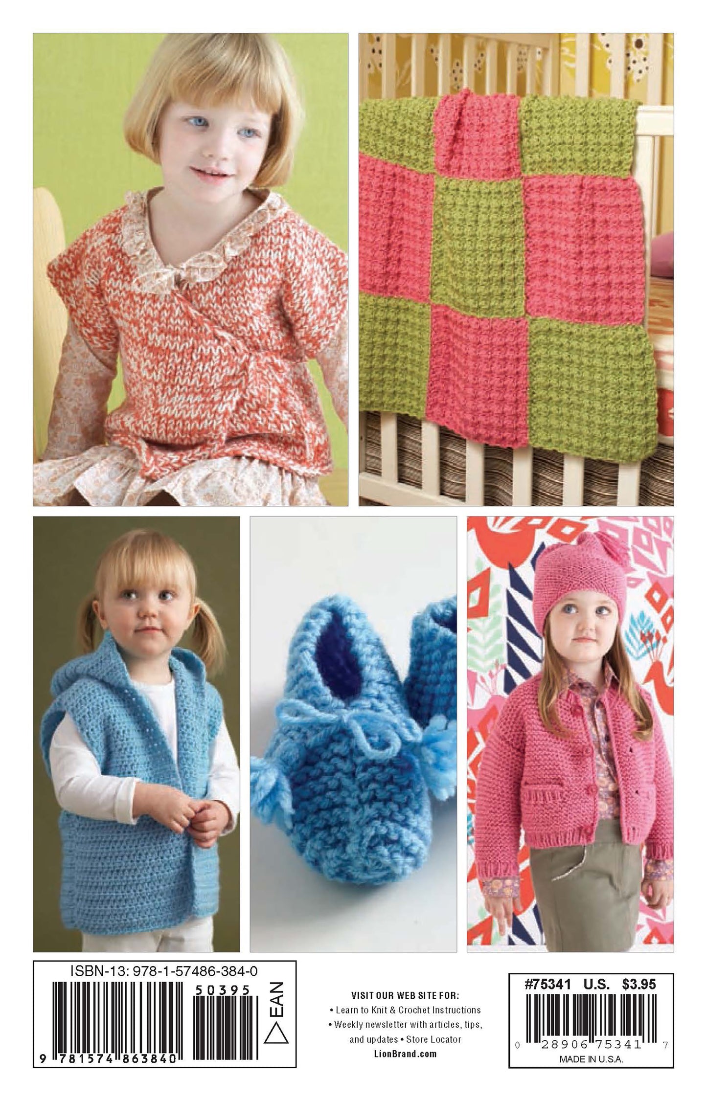 A collage for Leisure Arts’ Vanna's Choice Playful Style features: a child in a red and white knit top, green and pink checkerboard baby blanket, toddler in blue hooded vest, blue booties, and child in pink knit outfit.