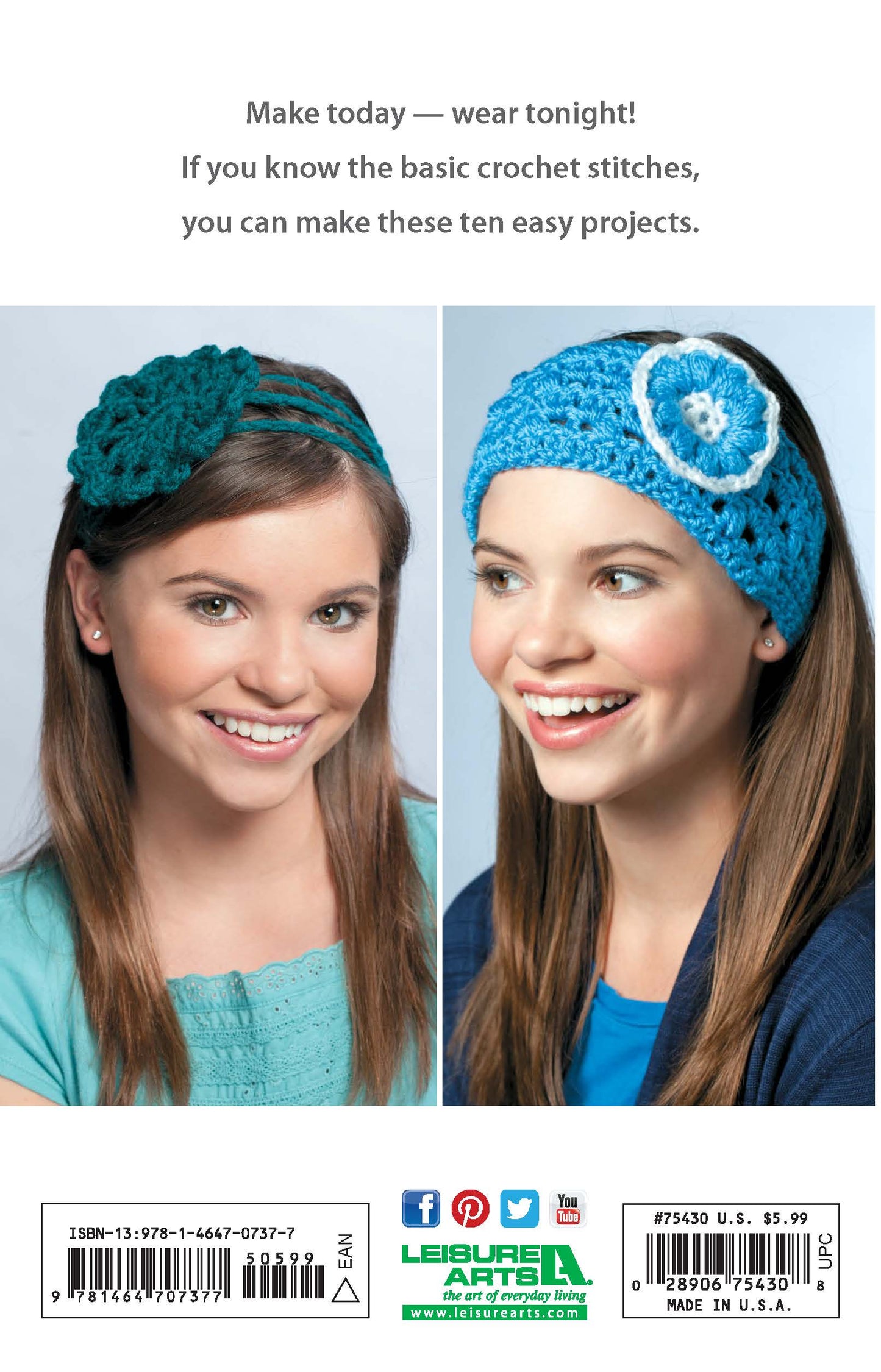 Two young girls smile, each wearing a blue crocheted headwrap with a flower accent from "Headwraps—Quick & Easy Fashion Accents!" by Leisure Arts. Below them are crochet patterns and project barcodes.