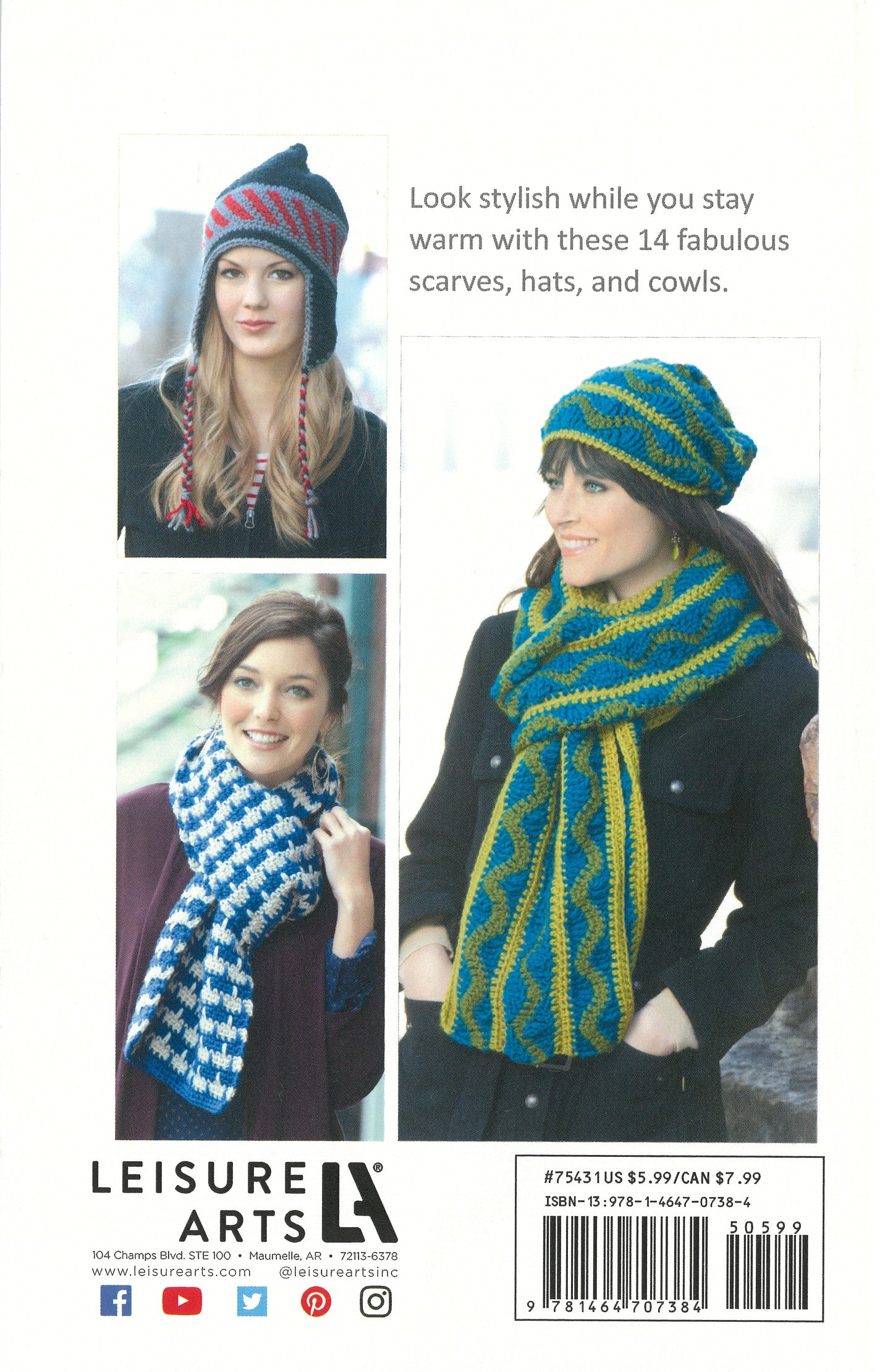 Three women model the Leisure Arts "Hats & Scarves" collection, wearing colorful crochet hats, scarves, cowls—including a gray-and-red braided hat and blue/white scarf—showcasing 14 vibrant patterns.