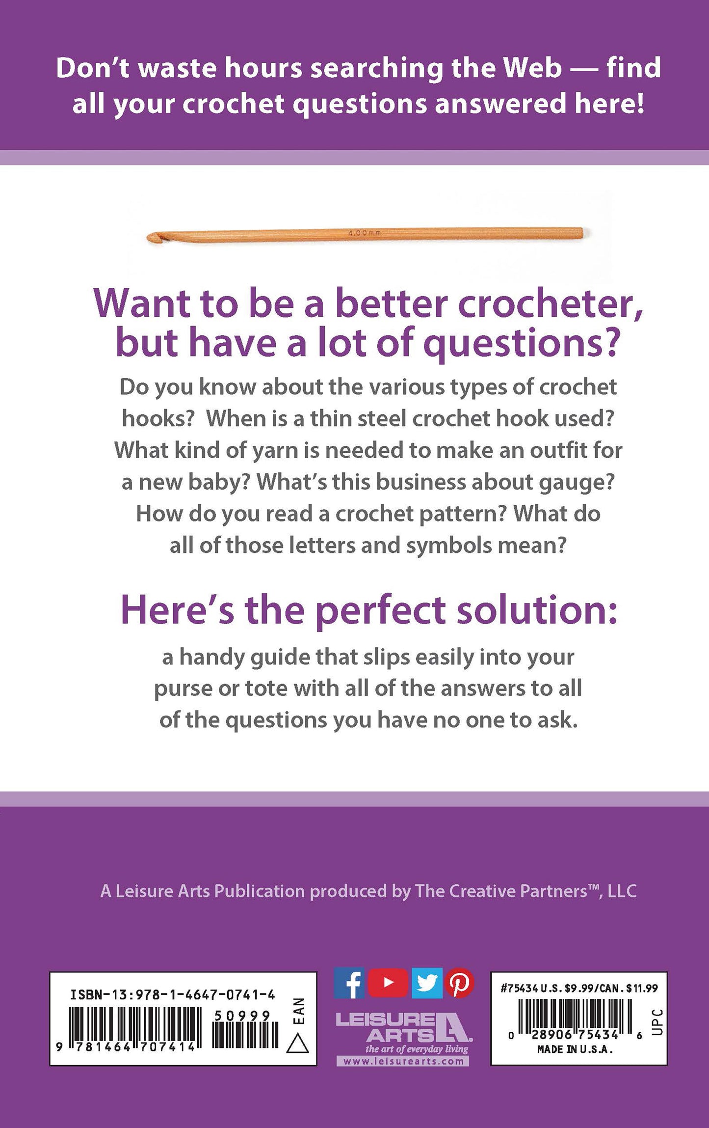 The back cover of "Everything the Internet Didn't Teach You About Crochet" by Leisure Arts has a purple background, white text, a brown crochet hook at the top, tips for crocheters, and publisher info at the bottom.