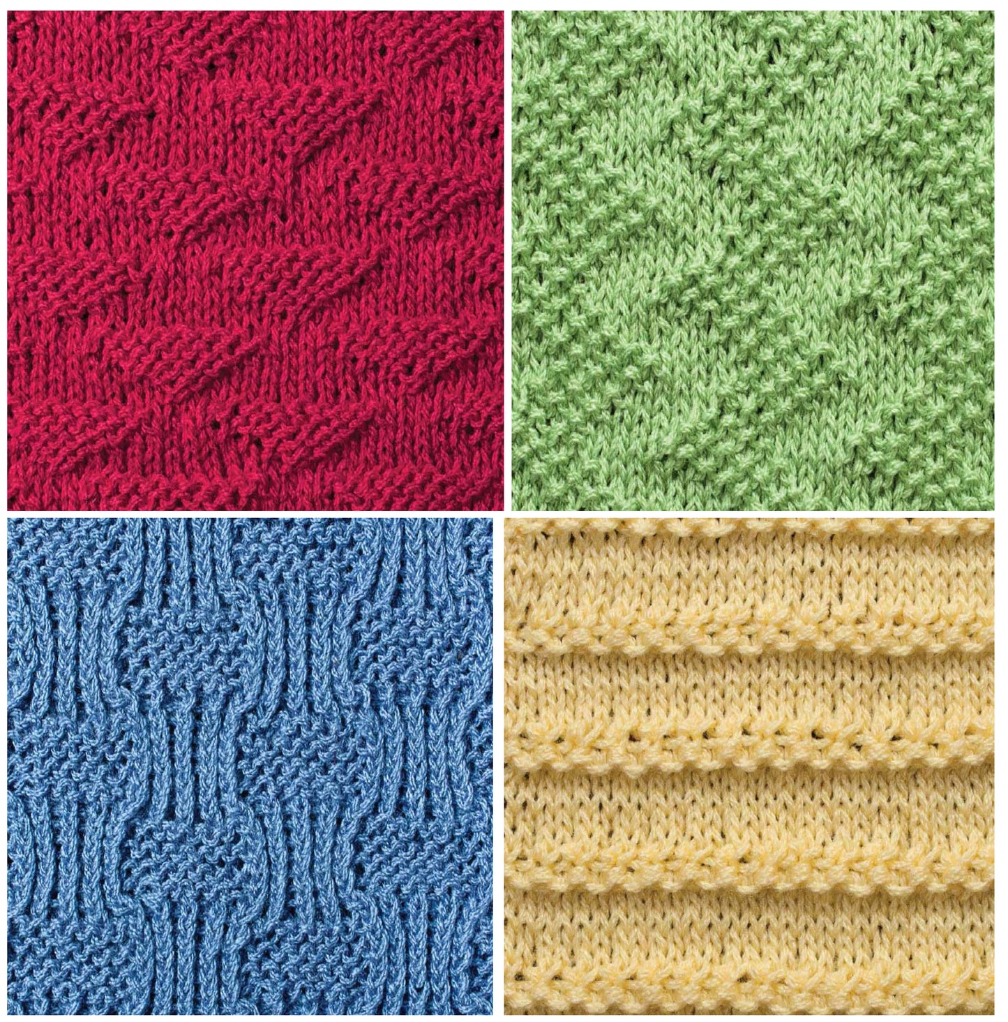 The Knit Stitch Guide by Leisure Arts features four textured fabric swatches in red, green, blue, and yellow. Arranged in a two-by-two grid, each swatch highlights unique stitches for knitters of all skill levels.