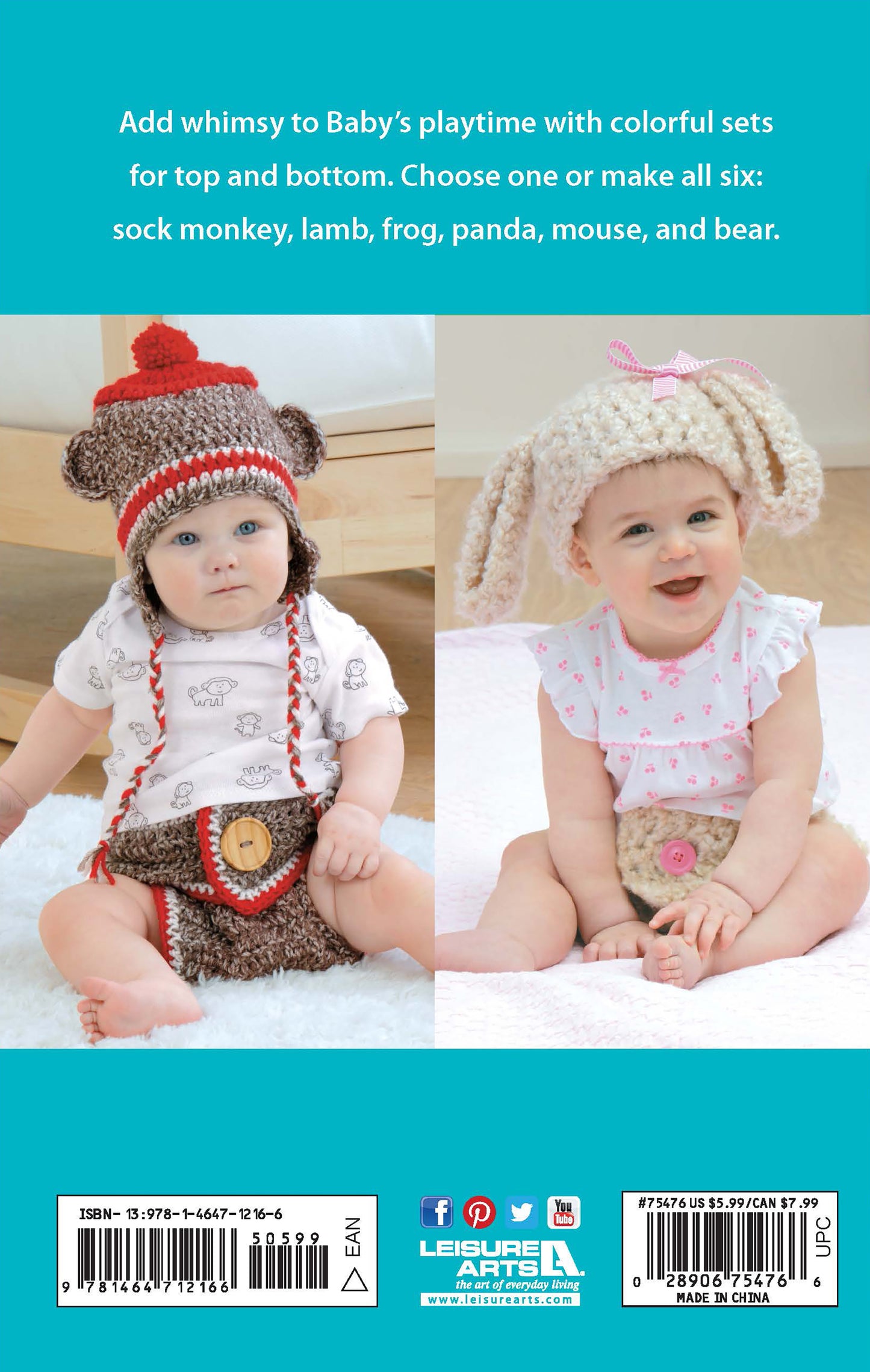 Two babies sit side by side in animal-themed crochet hats and matching diaper covers—one a sock monkey, the other a puppy—crafted from patterns in the "Hats & Diaper Covers Book 2 Digital Download" by Leisure Arts, against a pale blue and white background.