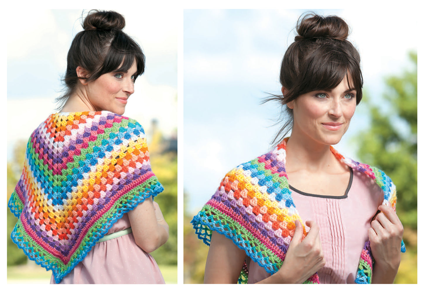 A woman with dark hair in a bun models a pastel pink dress and a colorful granny square shawl, crocheted using Quick Itty Bitties Crochet from Leisure Arts—a vibrant project shown from the back and front.