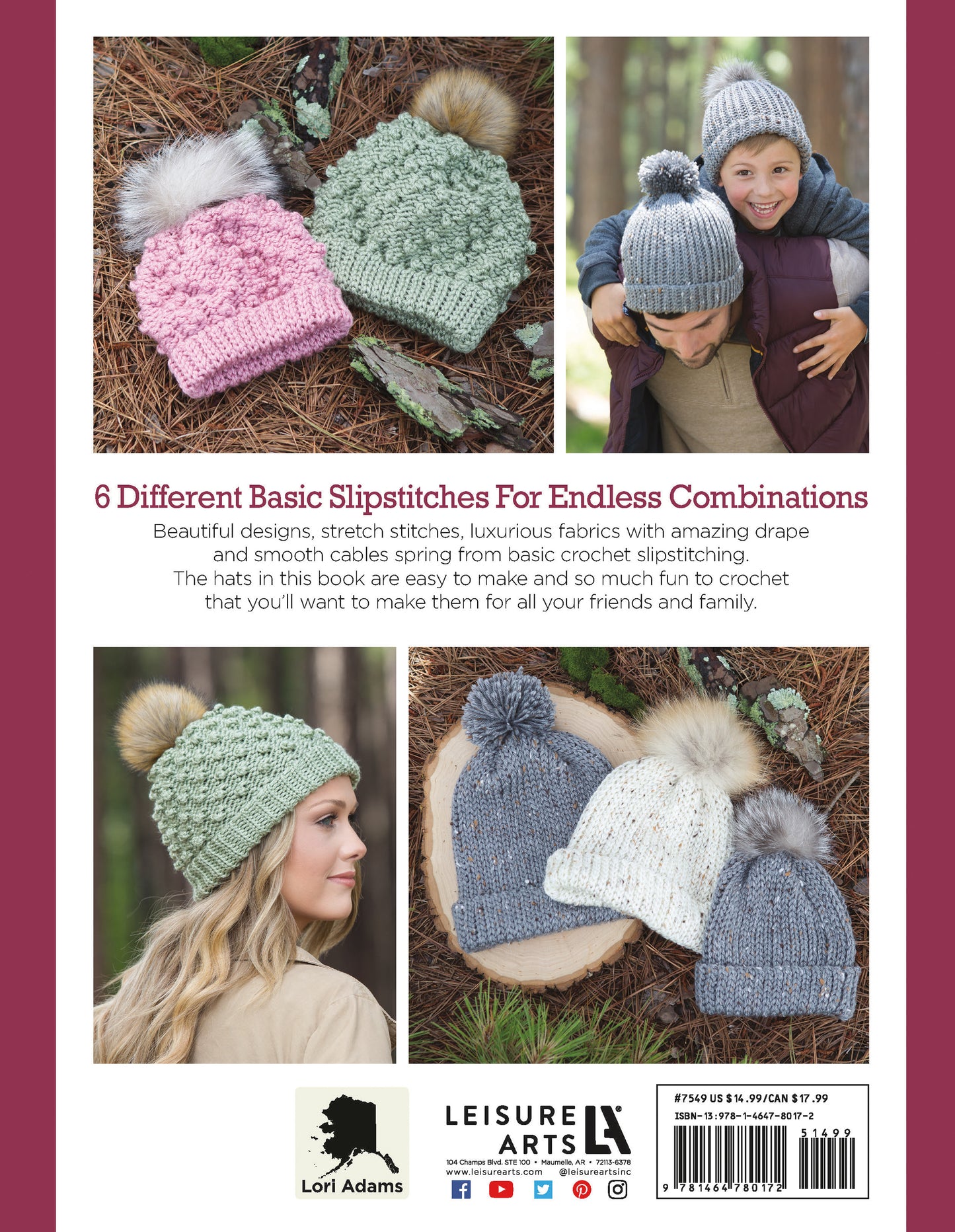 Back cover of "Alaskan Hats Using Slip Stitch Digital Download" shows four people in colorful, textured knit hats with pom-poms. Text highlights easy crochet hat patterns. Leisure Arts logo appears at the bottom.