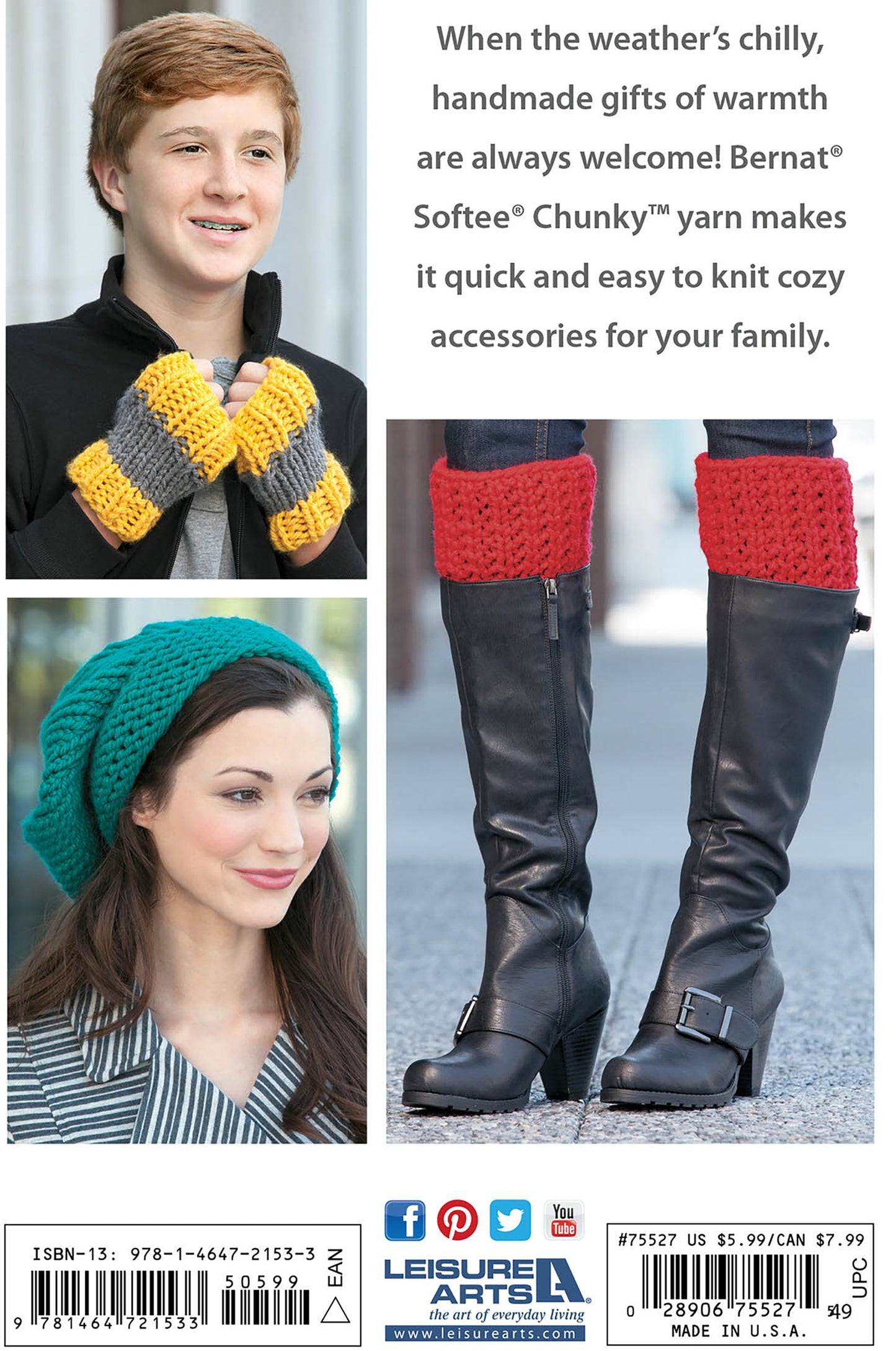 A teen boy wears striped fingerless gloves, a woman sports a teal knit hat, and black boots show red boot cuffs—all from Cool-Weather Family Fashions by Leisure Arts, featuring beginner patterns for super bulky yarn.