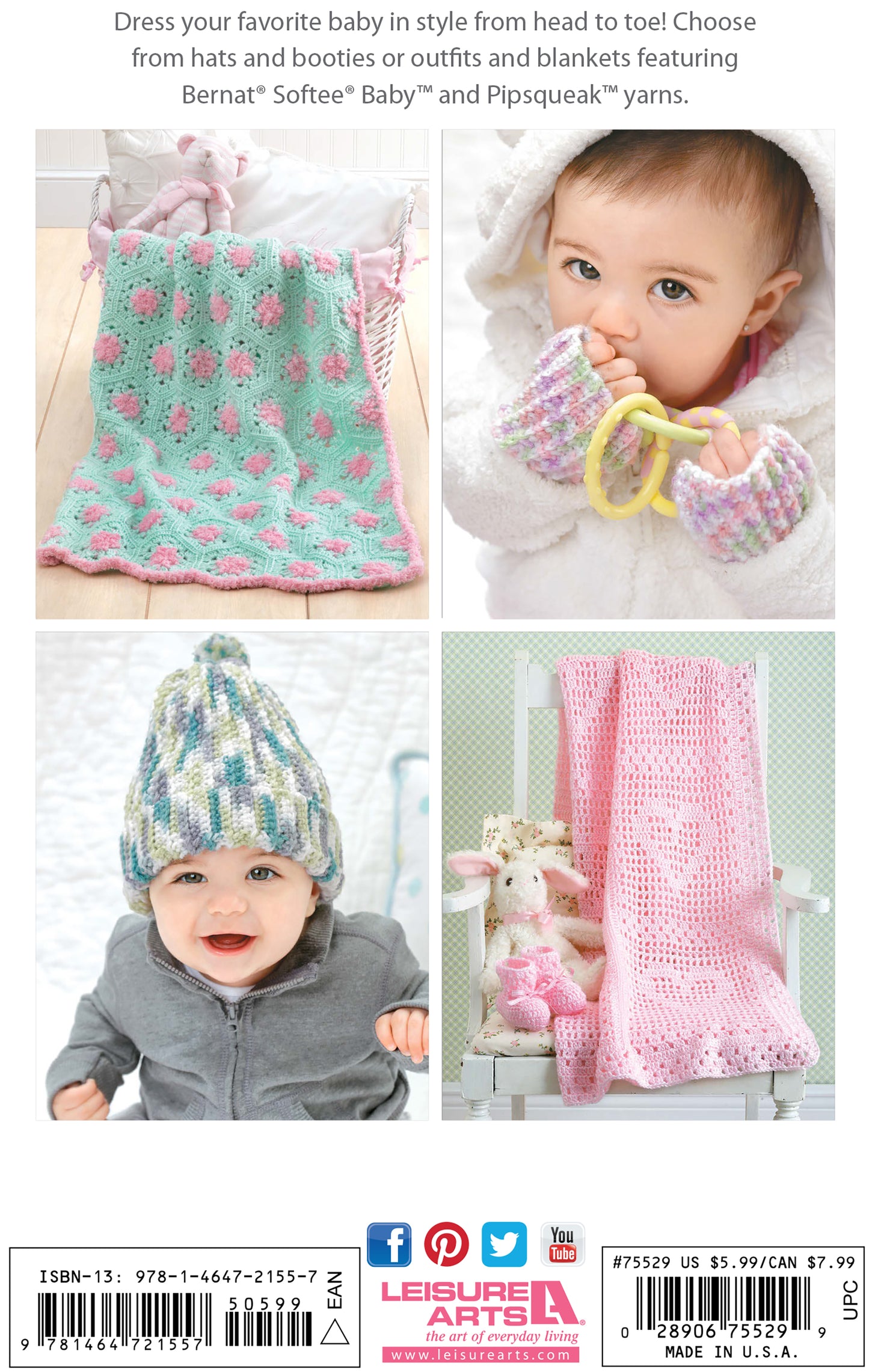 A collage showcases two babies in pastel outfits with hats, booties, and mittens, plus two crocheted blankets—pink and mint-green—featuring cute designs from the Best-Dressed Baby Crochet Digital Download by Leisure Arts.
