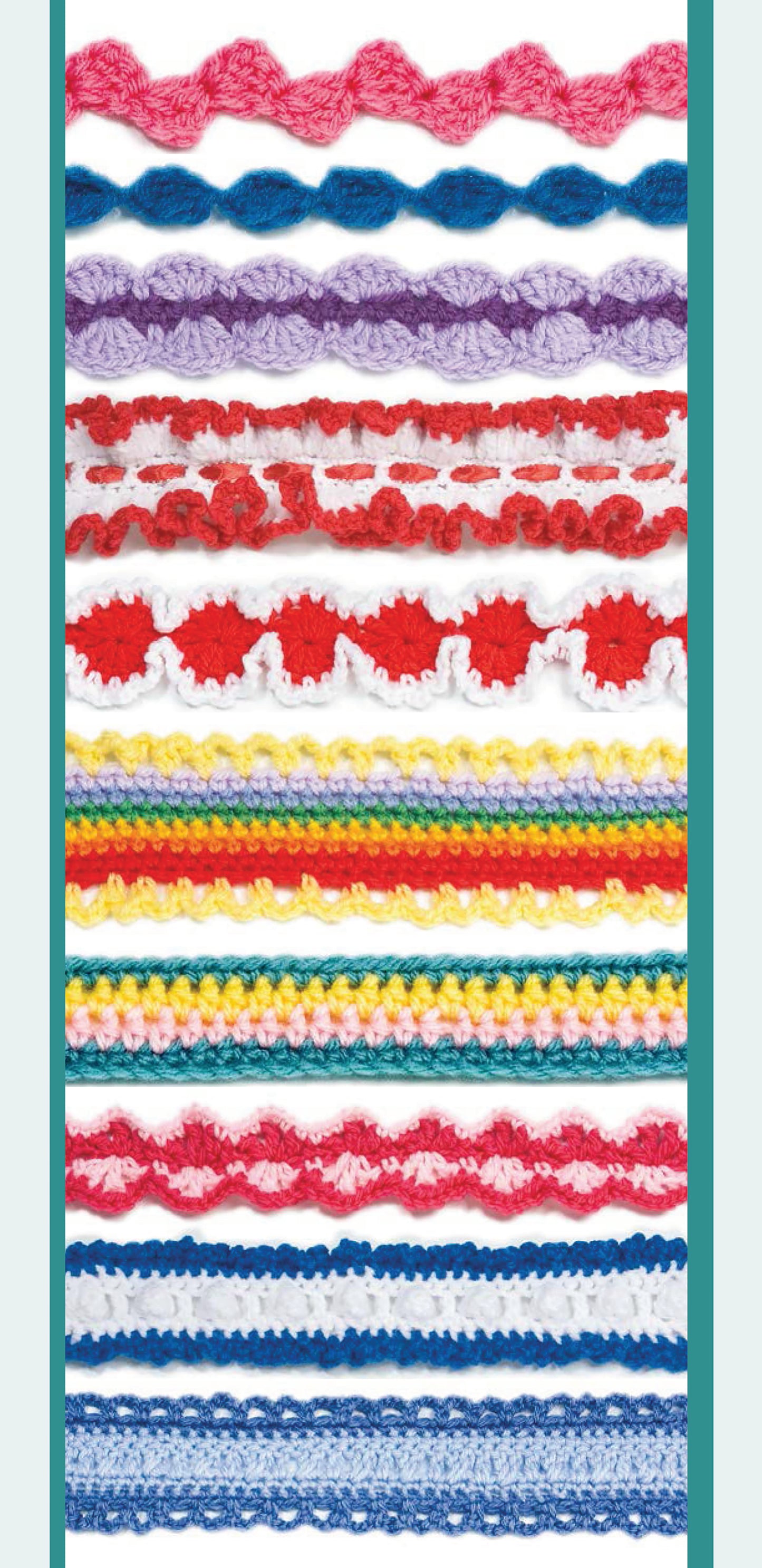 The Embellishment Stitch Guide by Leisure Arts displays rows of colorful crochet trims in red, purple, yellow, blue, green, and white—arranged on a white background with teal borders—perfect for decorating hats or using as a handy reference.