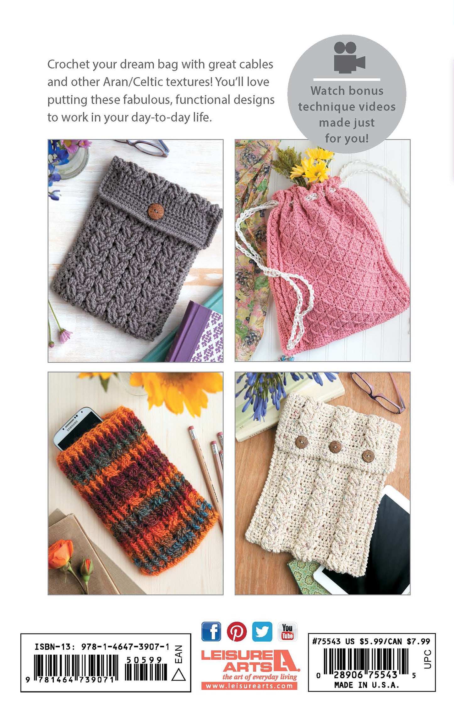 The Crochet Bags & Backpacks Digital Download by Leisure Arts features a gray pouch with a button, a pink drawstring bag, an orange-brown striped pouch, and a beige handbag—great intermediate projects or for exploring new crochet bag patterns.