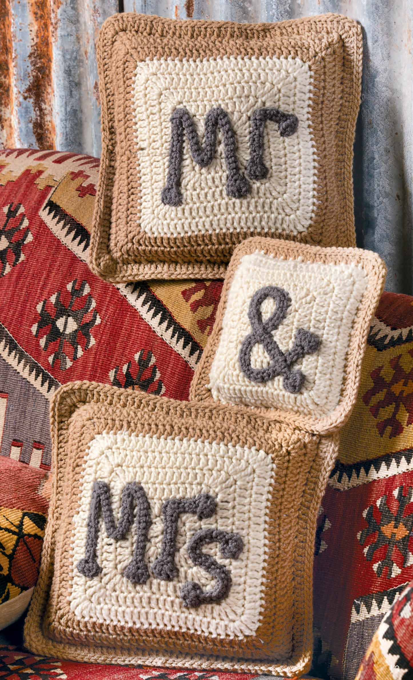 Pillow Fun—Playful Accents for Your Home! by Leisure Arts features whimsical crocheted pillows in cream and brown yarn with tan borders, including Mr, &, and Mrs designs—playful touches that elevate any classic couch set.