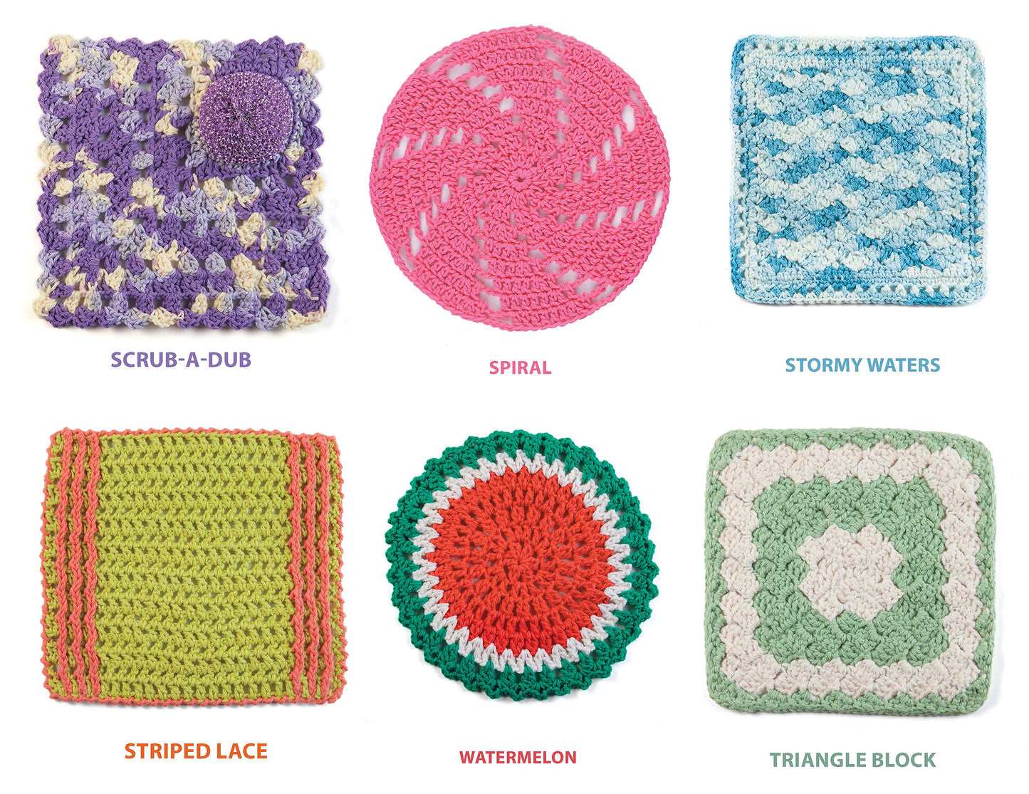 Leisure Arts' The Little Encyclopedia of Crocheted Dishcloths features six vibrant crochet square designs—Scrub-a-Dub, Spiral, Stormy Waters, Striped Lace, Watermelon, and Triangle Block—perfect for unique kitchen accessories or easy gifts.