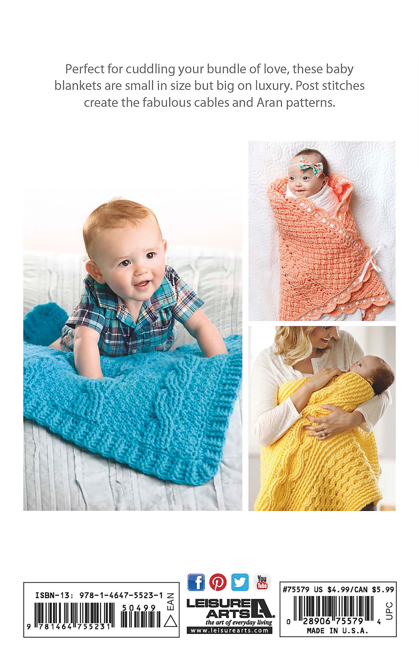 Three photos feature babies with Cabled Baby Blankets by Leisure Arts: one sits smiling on a blue knit blanket, another is wrapped in peach, and a third lies under yellow. Text showcases luxurious crochet afghan patterns for babies.