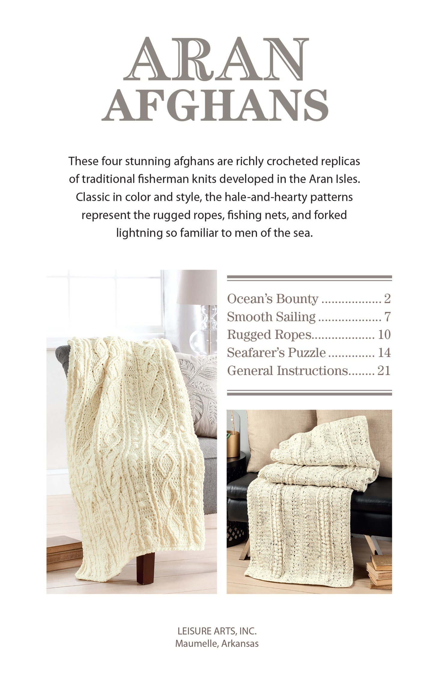 Leisure Arts' "Aran Afghans" crochet pattern booklet features two cream, textured afghans displayed on furniture and includes a contents page listing fisherman knits and Aran crochet patterns with names and page numbers.