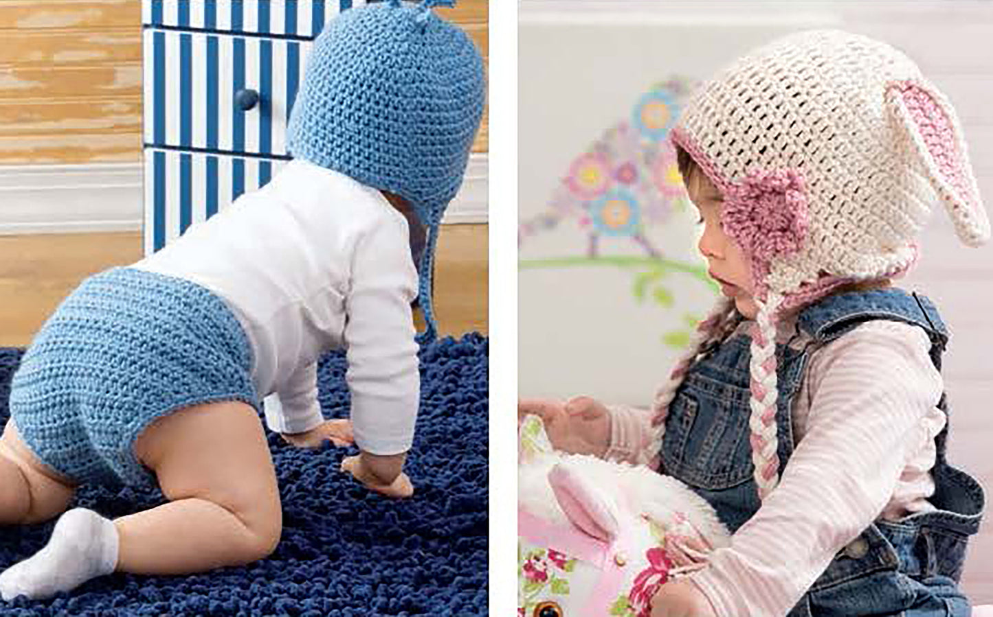 Two adorable babies show off the Baby Collection—by Leisure Arts: one crawls in a blue crochet hat and diaper cover, the other sits in denim overalls with a white and pink hat. Ideal inspiration for beginner crochet projects.