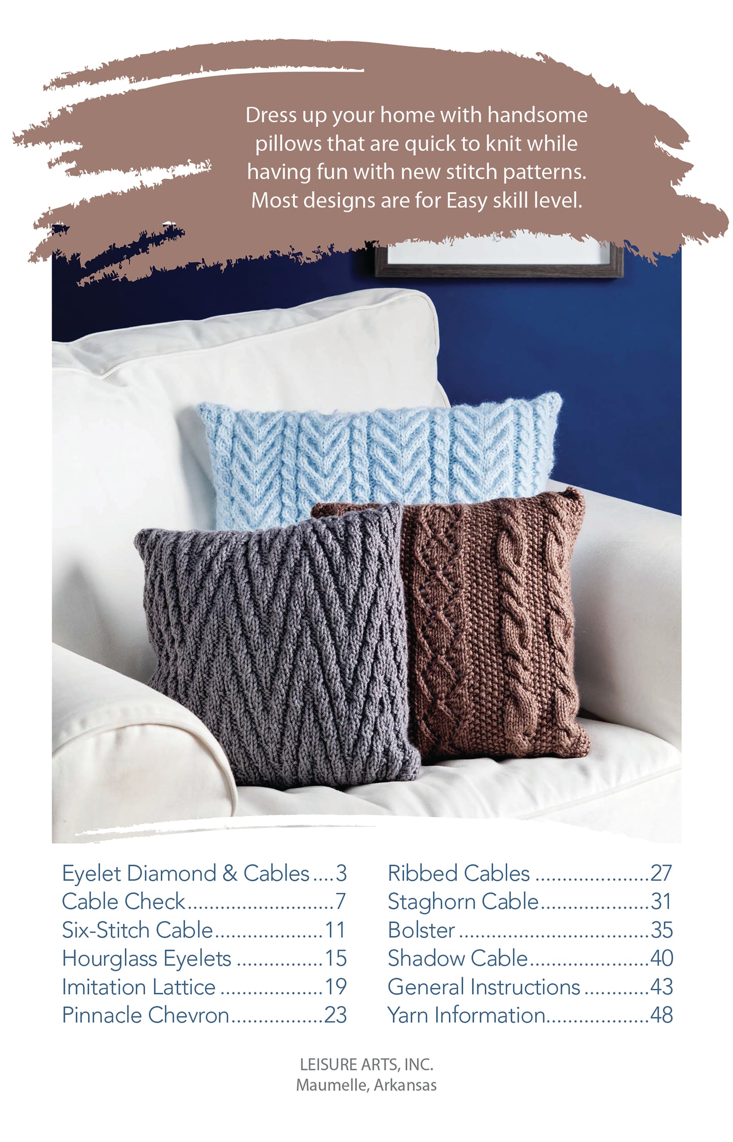 Two textured Cozy Pillows from Leisure Arts, one light blue and one brown, are displayed on a white couch. Above them is text about creative pillow knitting and a table of contents with quick home decor patterns.