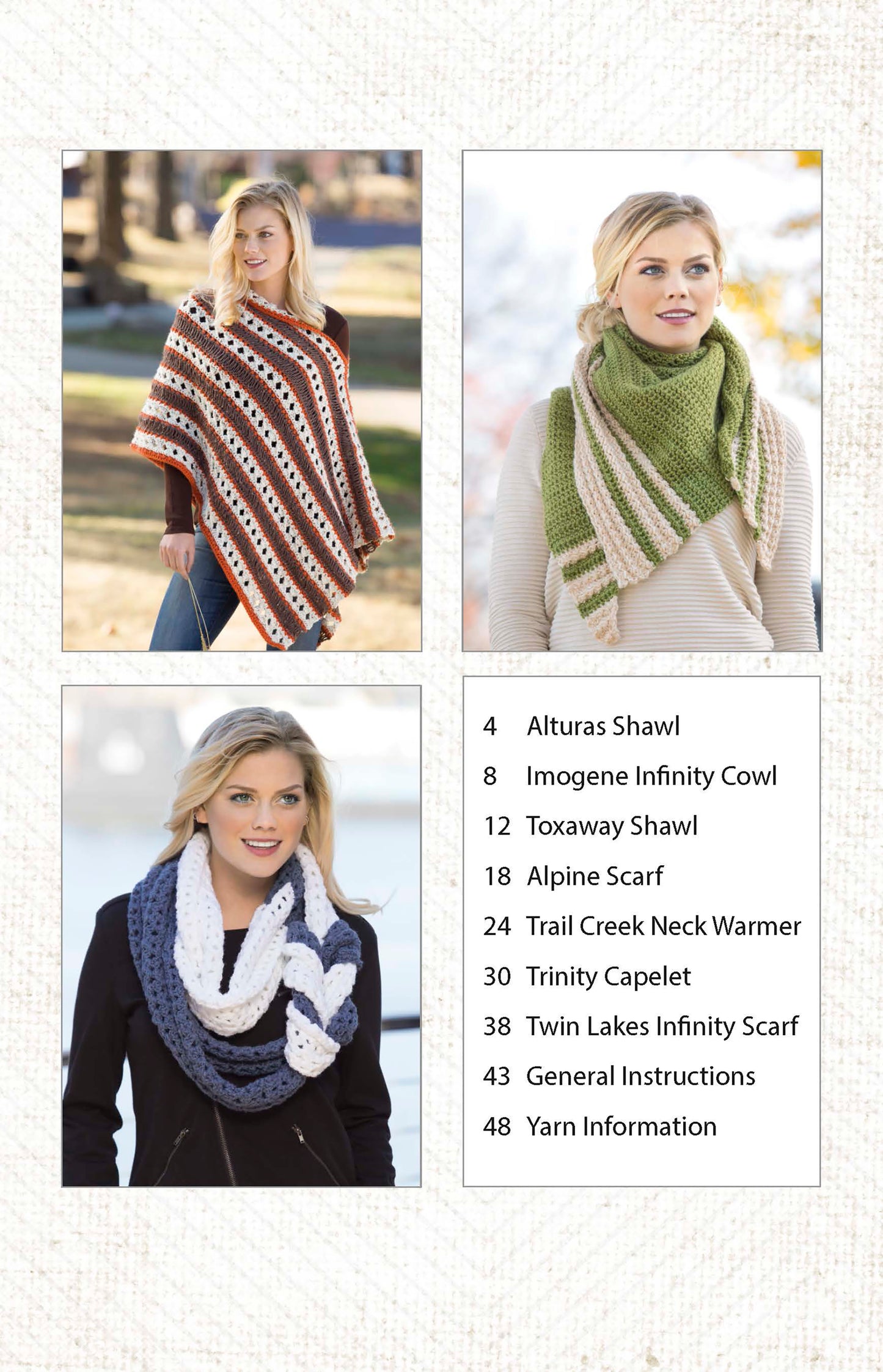 Three photos display a woman modeling Cozy Shawls & Scarves by Leisure Arts. Beside her, crochet patterns like Alturas Shawl and Imogene Infinity Cowl are listed among the featured designs.