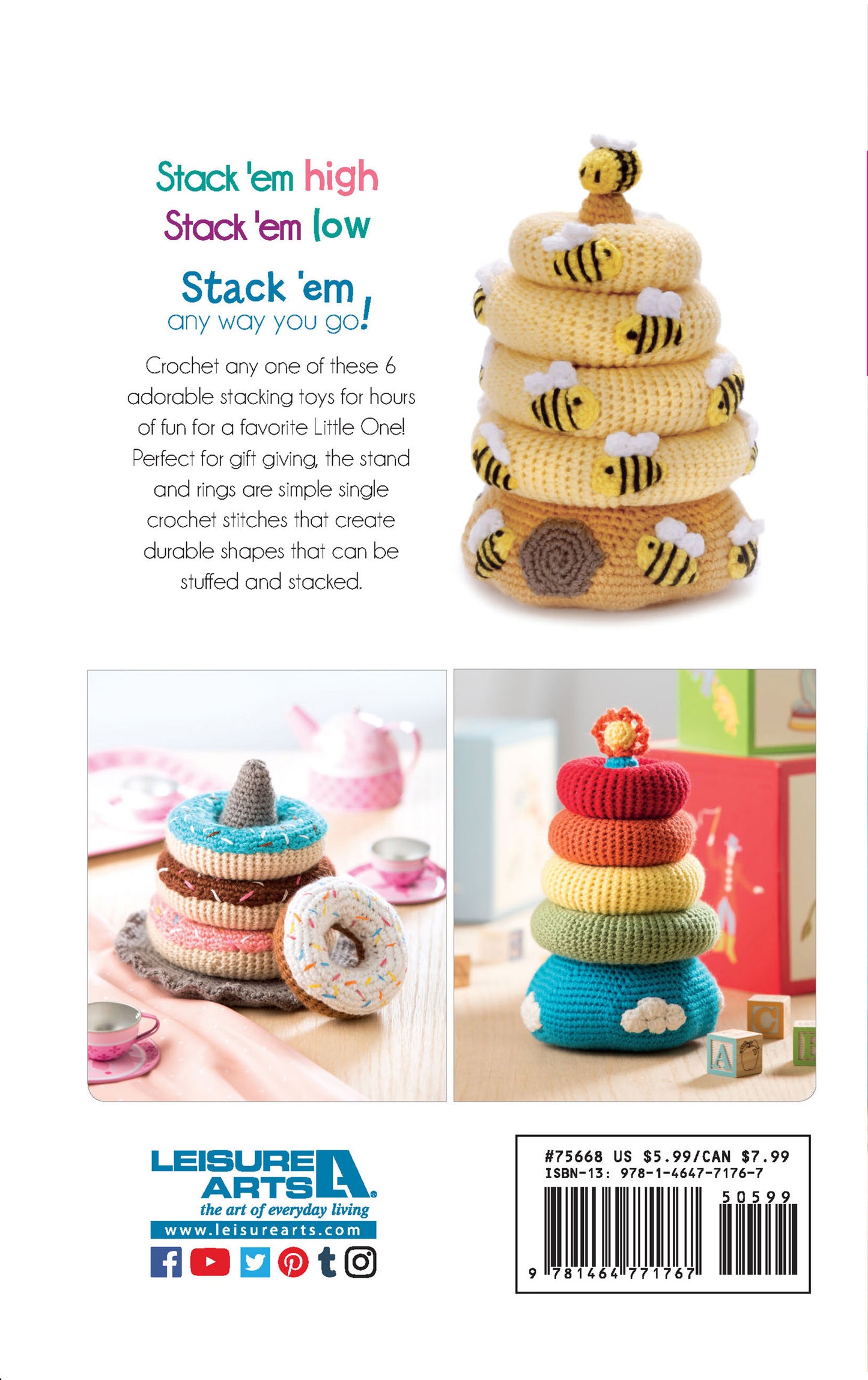 The back cover of Baby Stacks—6 Easy Toys to Crochet! by Leisure Arts features cute beginner crochet designs, including a stackable beehive with bees and cake-themed creations, all displayed on soft pastel backgrounds.