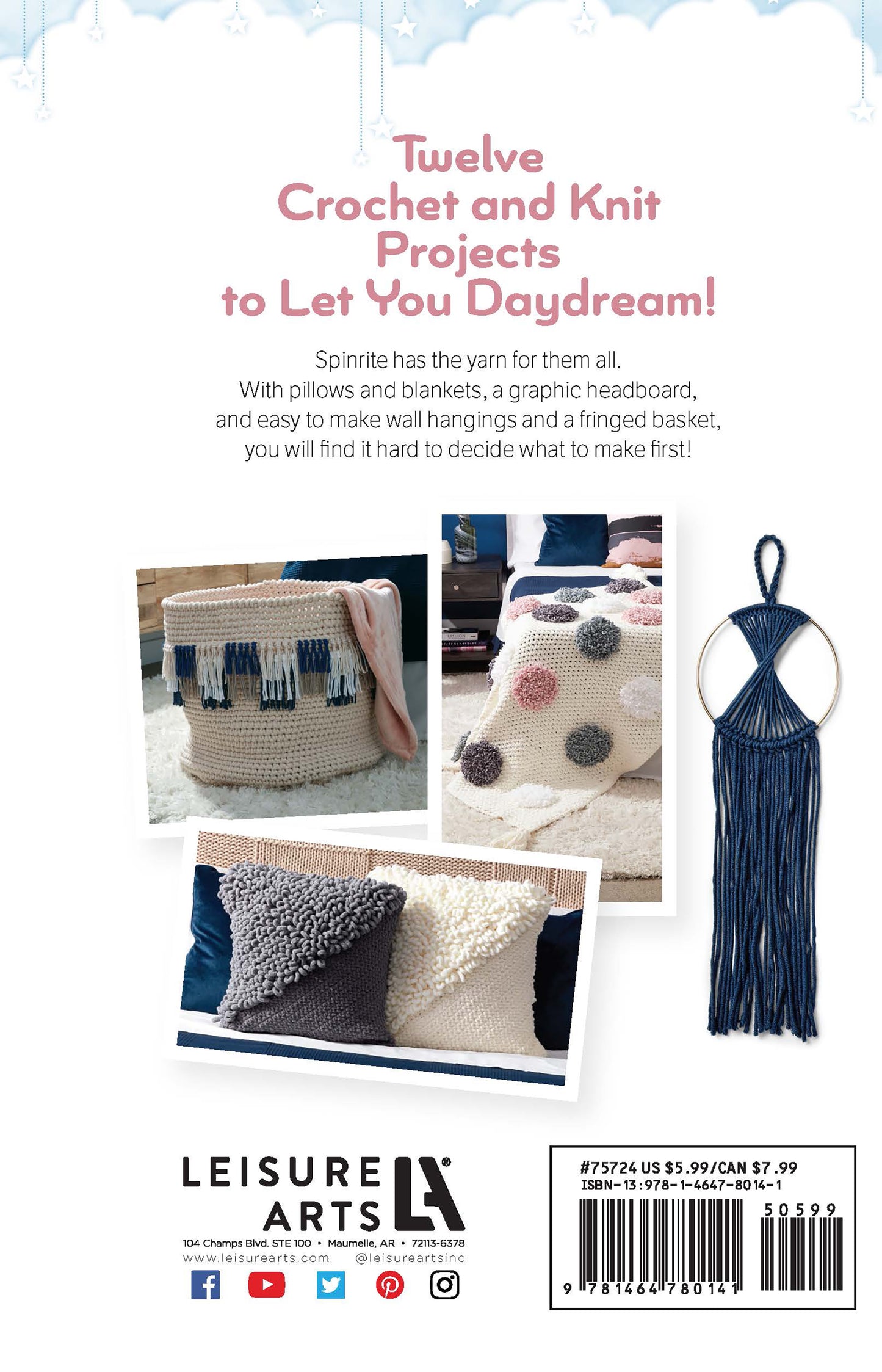 Back cover of the Leisure Arts Daydream Pattern Collection Digital Download, showcasing photos of beginner crochet and knit projects like a fringed basket, pom-pom pillow, textured gray pillow, and navy wall hanging on a metal ring.