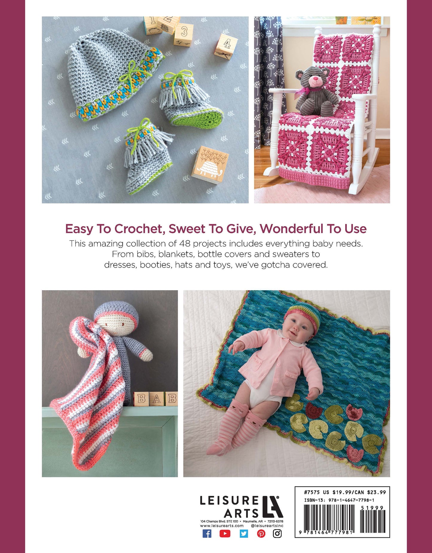 The Leisure Arts Everything Baby Crochet Digital Download features easy, giftable baby crochet patterns, including hats, booties, a doll on a crochet blanket, a stuffed toy on a quilt, and a striped blanket.