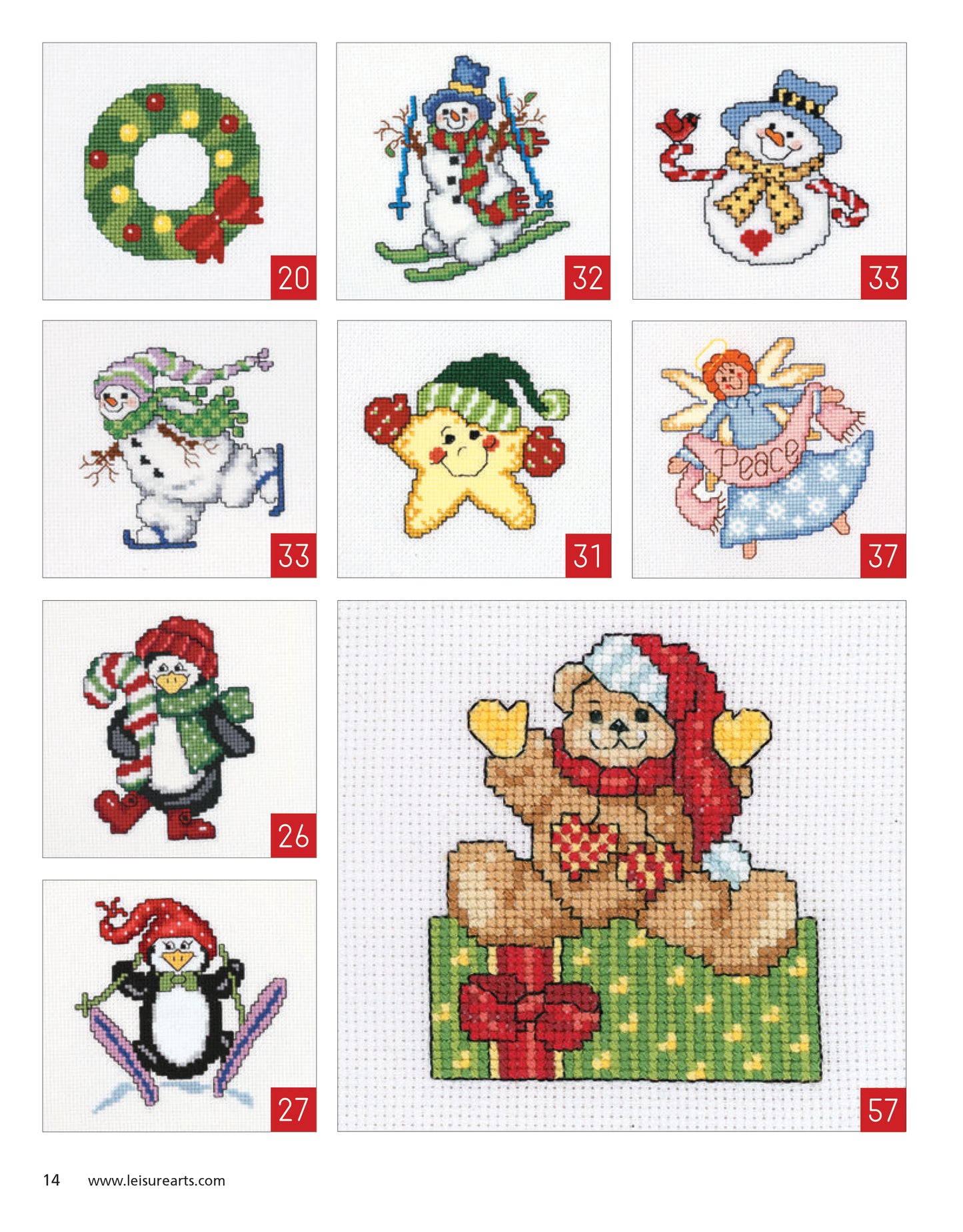 Leisure Arts’ Holiday Ornaments Galore Digital Download offers a festive grid of cross-stitch patterns—wreath, snowmen, skating polar bear, star, Peace angel, penguins, and a teddy bear in Santa hat—for fun holiday crafting.