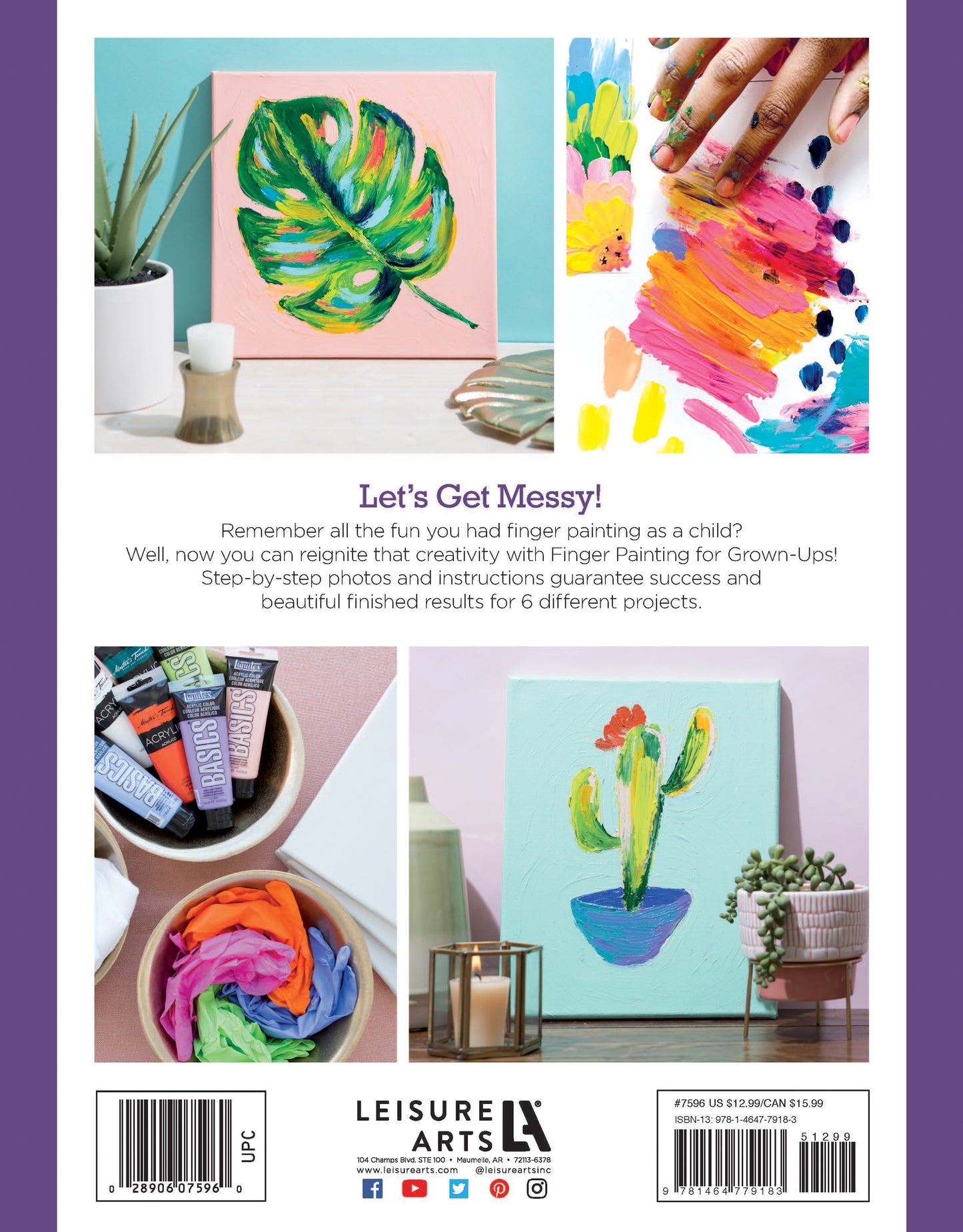 Back cover of Leisure Arts’ "Finger Painting for Grown Ups," featuring colorful finger paintings and supplies. Explore step-by-step art projects and modern crafts that invite adults to try finger painting—no experience needed.
