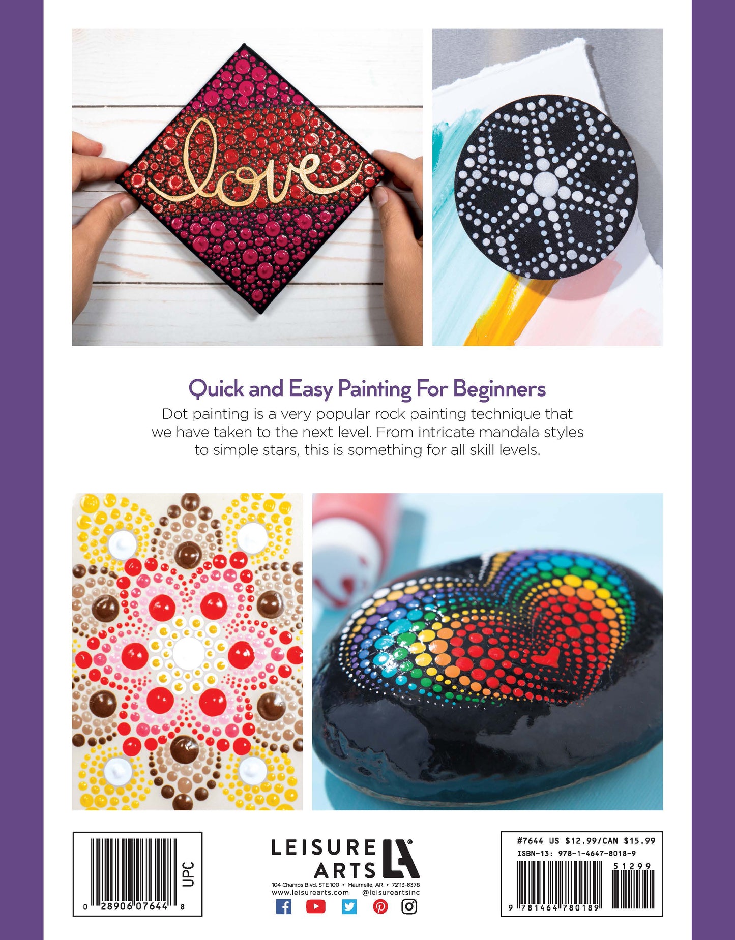 The back cover of Leisure Arts' Dot Painting Digital Download features four vibrant dot painting examples—a love motif, black-and-white circle, mandala pattern, and rainbow heart—plus tips for easy rock and dot painting for beginners.