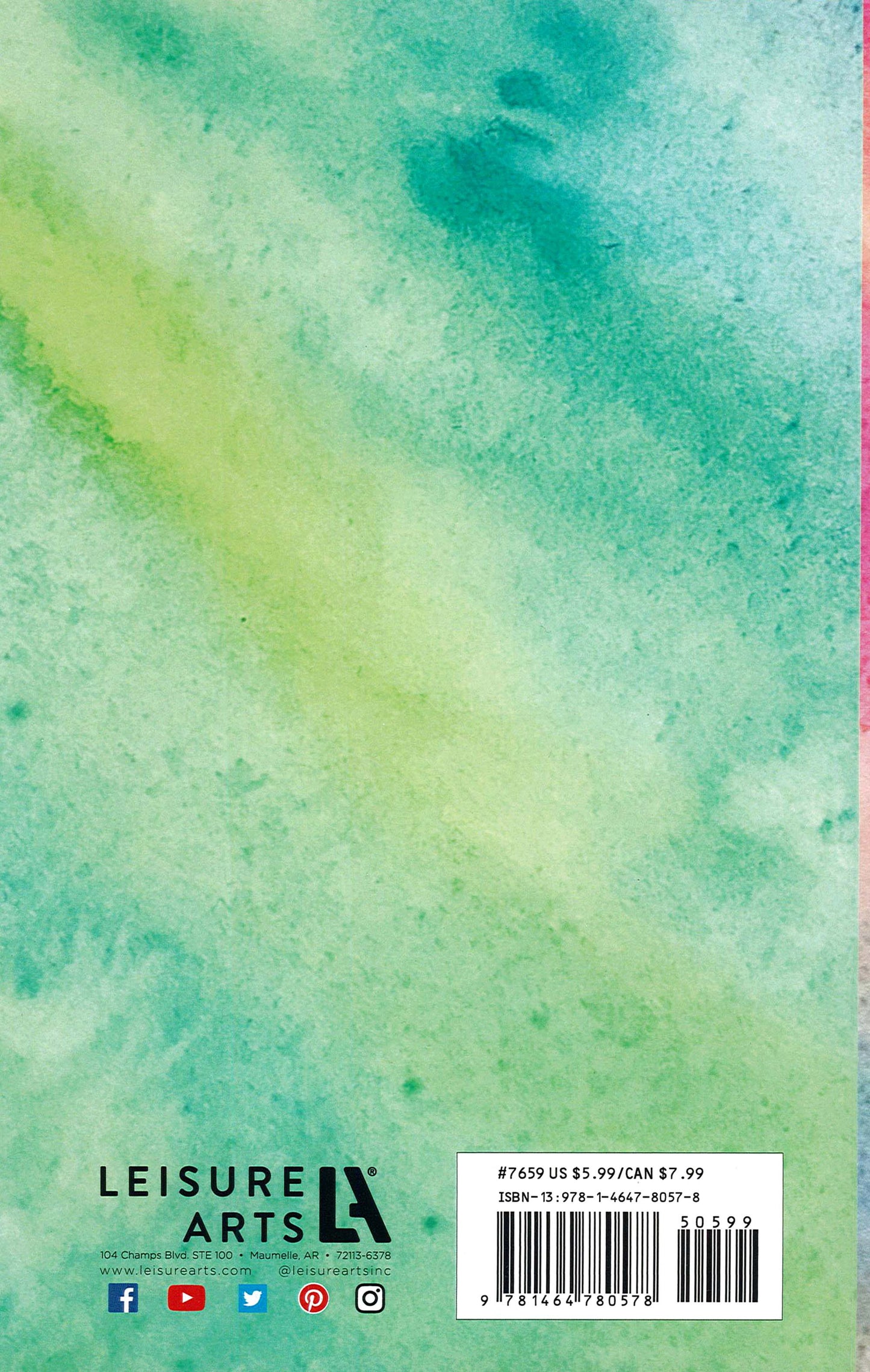 Back cover of "Explore—Color, Create & Doodle Your Day" displays a watercolor green, blue, and yellow background with the Leisure Arts logo, social media icons, ISBN barcode, and pricing at the bottom.