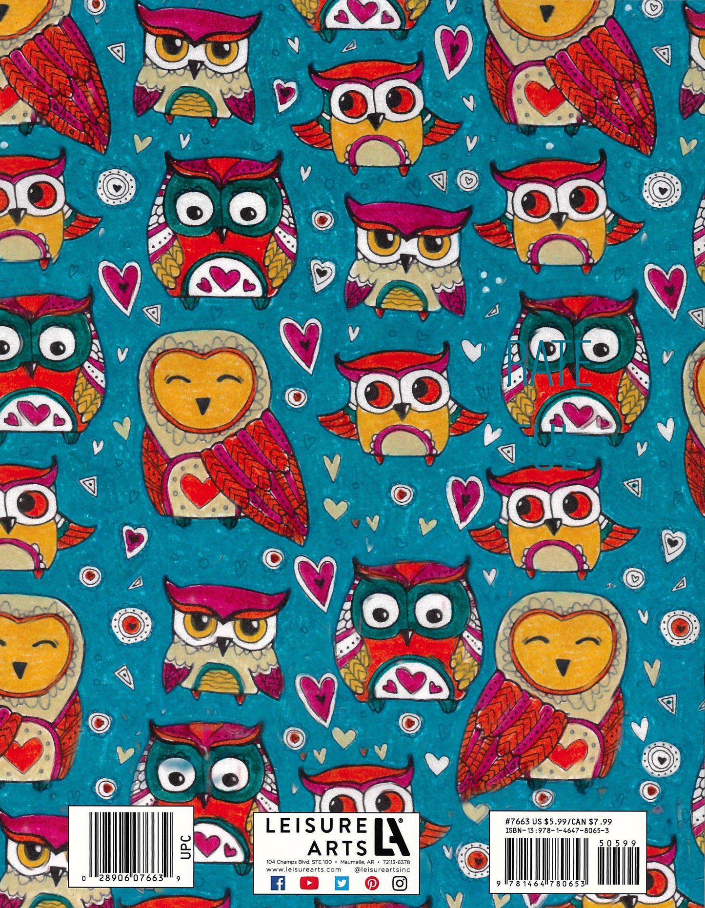 Back cover of the Grateful Hearts Coloring Book by Leisure Arts, featuring a colorful teal pattern with whimsical red, yellow, and purple cartoon owls and hearts. Includes 32 designs. Print ISBN 978-1-4647-8065-3; $5.99 USD.