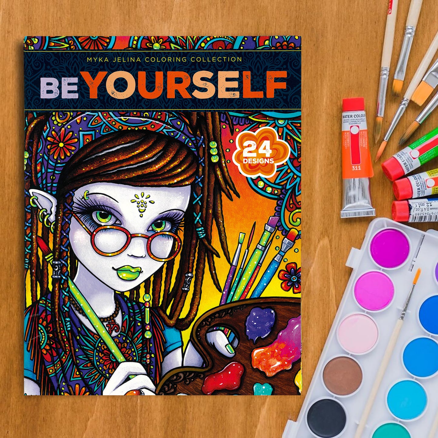The Be Yourself Coloring Book—24 Designs from the Myka Jelina Coloring Collection by Leisure Arts features a creative girl with glasses, pointed ears, and art supplies—perfect for imaginative coloring fun.